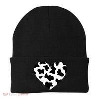 Awesome Cow Print Black & White Print Heart Beanie thumb 0