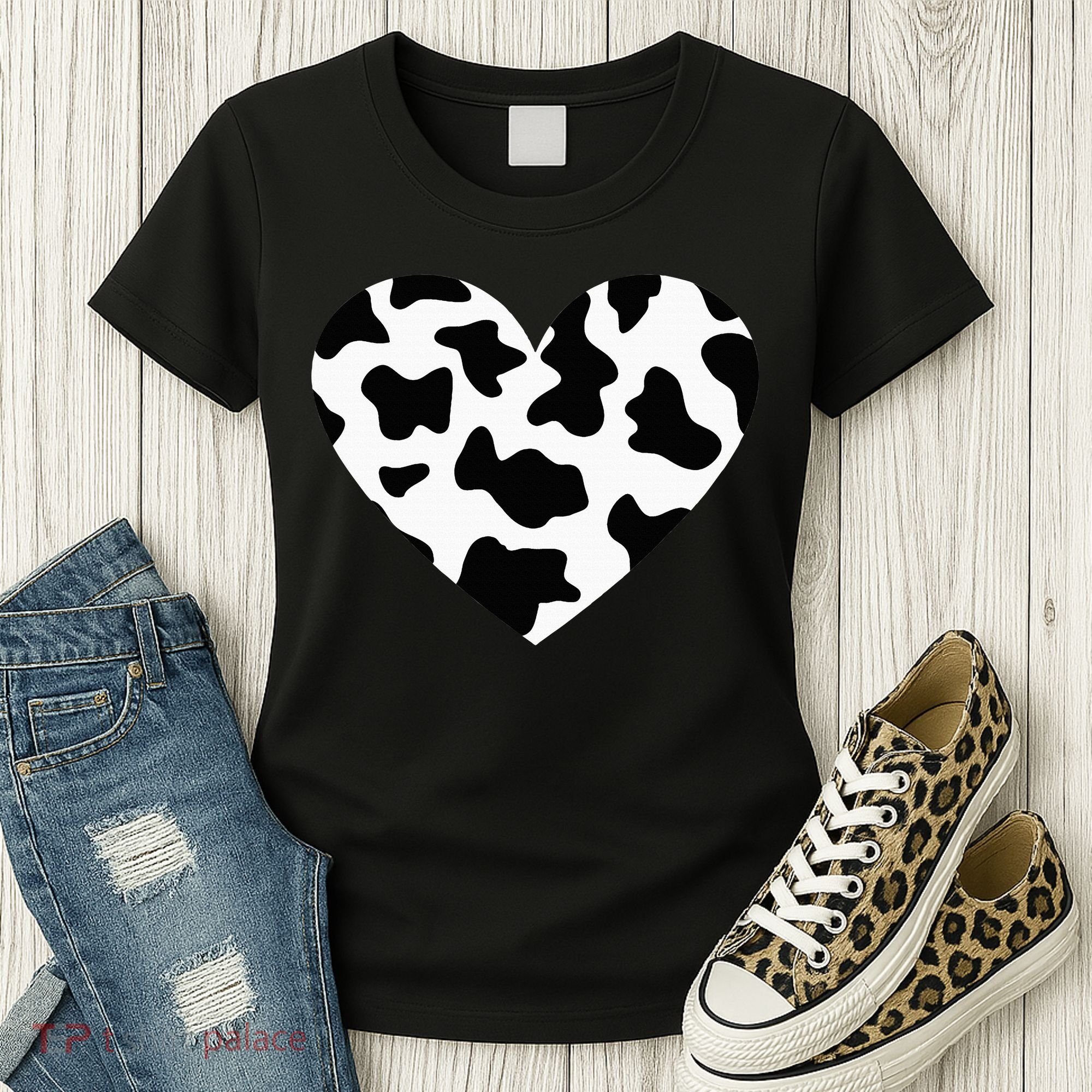 Awesome Cow Print Black & White Print Heart Women's T-Shirt