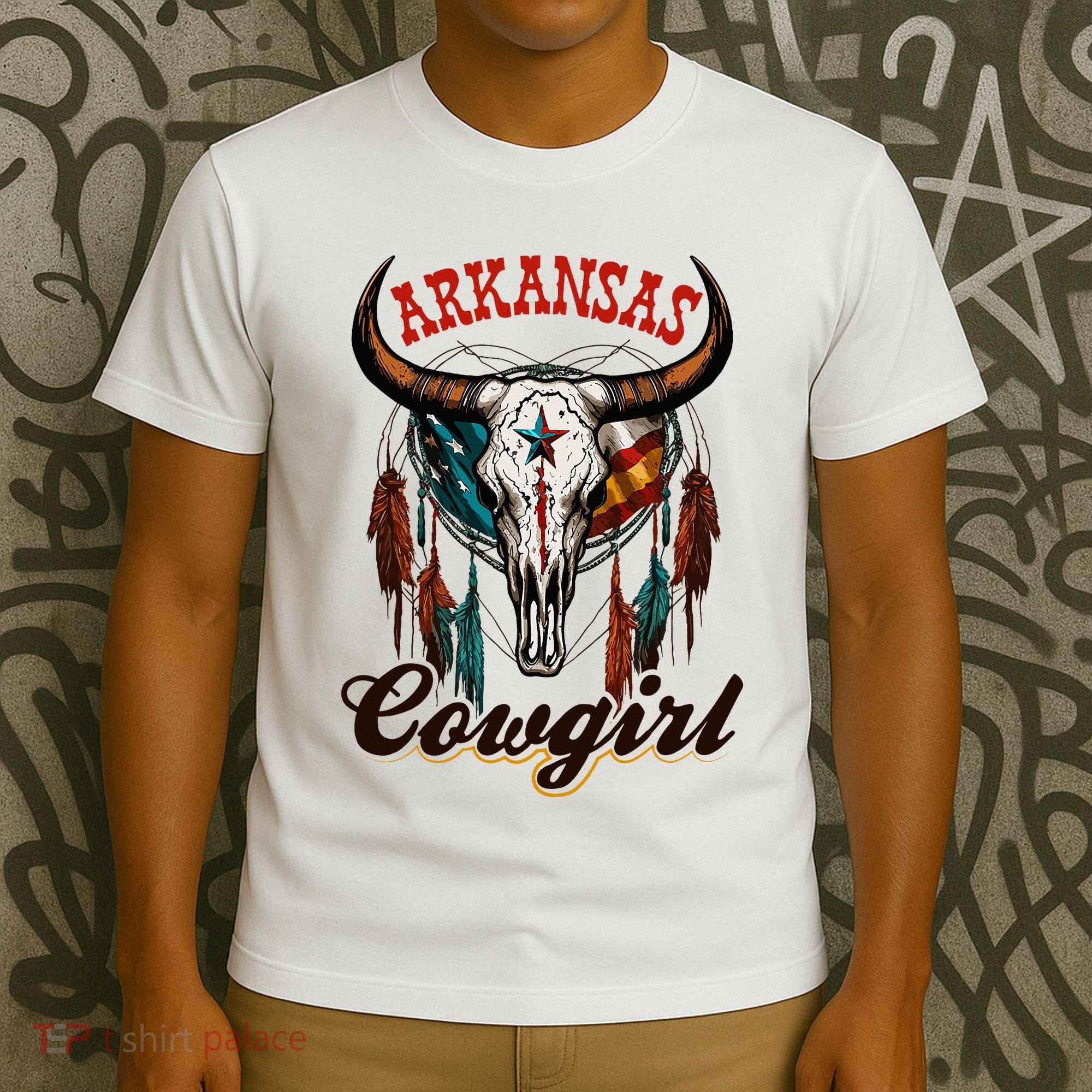Arkansas Cowgirl Rodeo Western Country Longhorn Skull T-Shirt