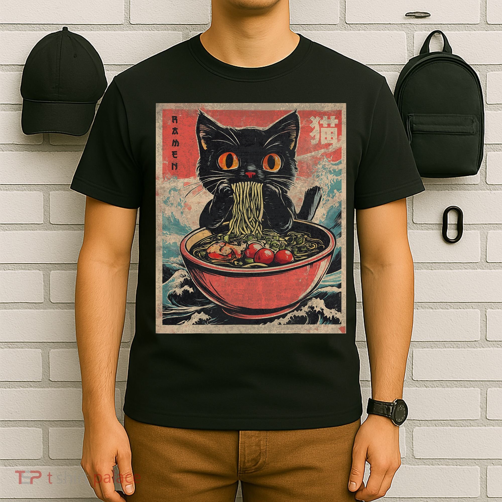 Anime Cat Ramen Noodles Anime Cat Ramen Japanese Funny Graphic T-Shirt