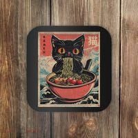 Anime Cat Ramen Noodles Anime Cat Ramen Japanese Funny Graphic Coaster thumb 0