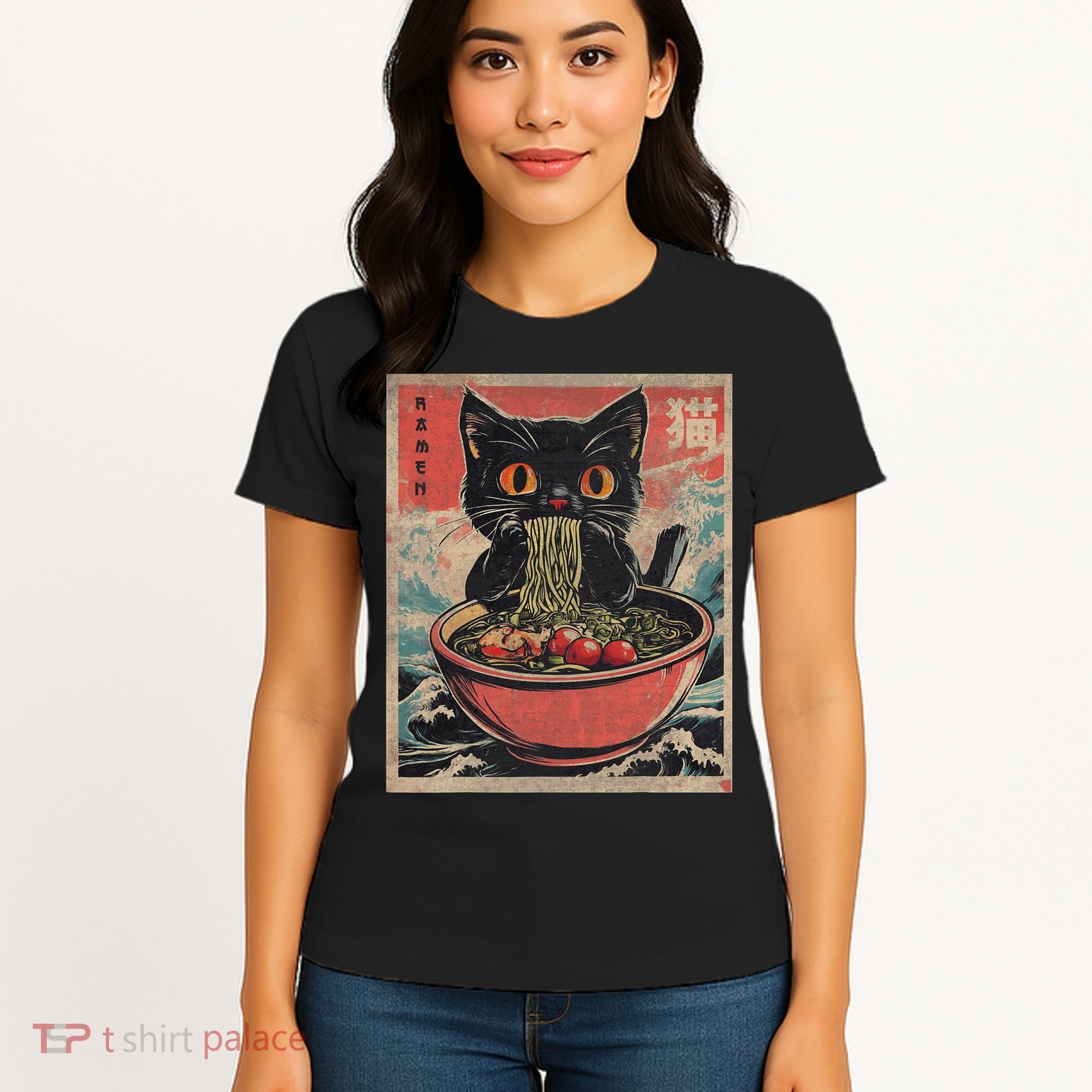 Anime Cat Ramen Noodles Anime Cat Ramen Japanese Funny Graphic Women's T-Shirt