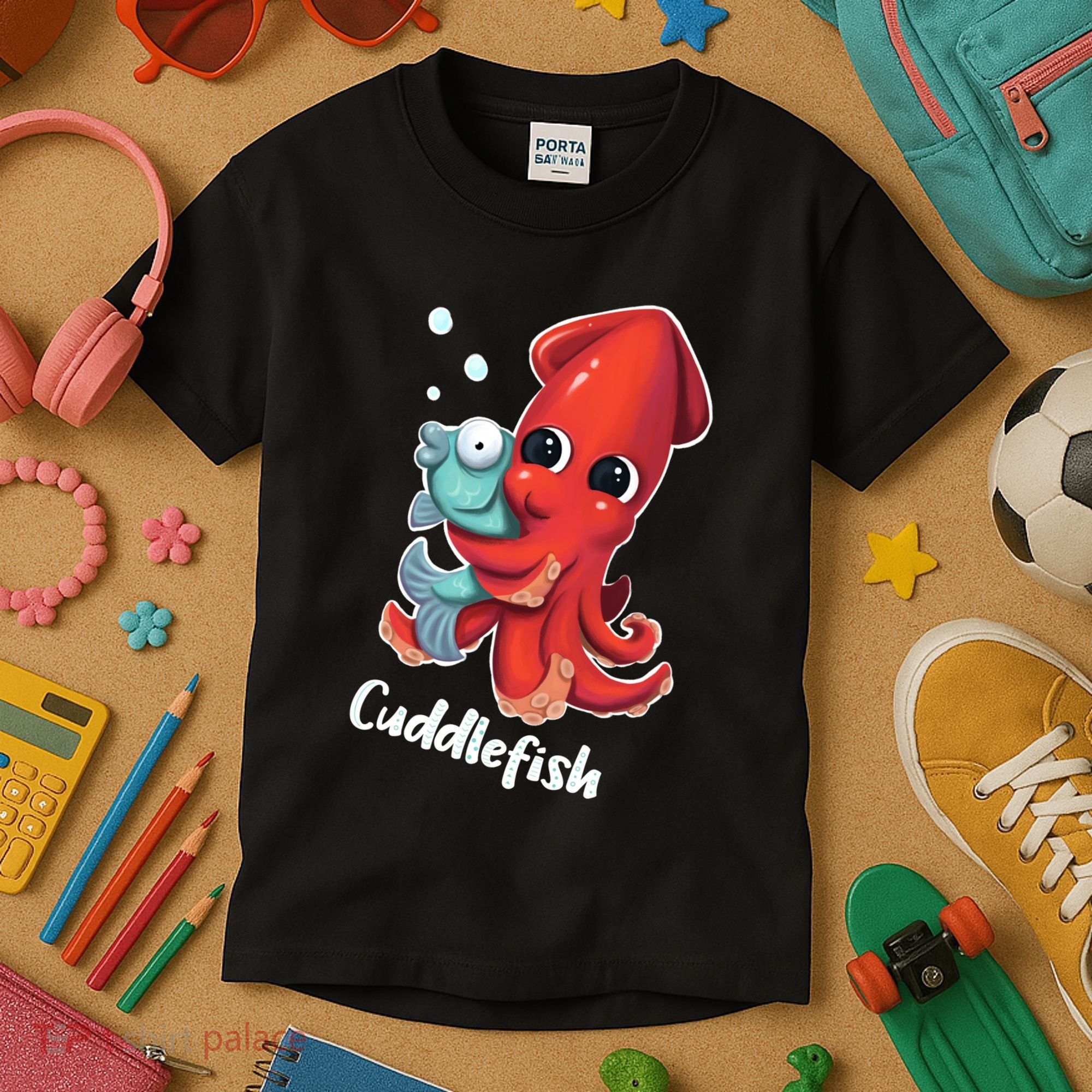Adorable Cuddlefish Sea Life Illustration Cuttlefish Squid Kids T-Shirt
