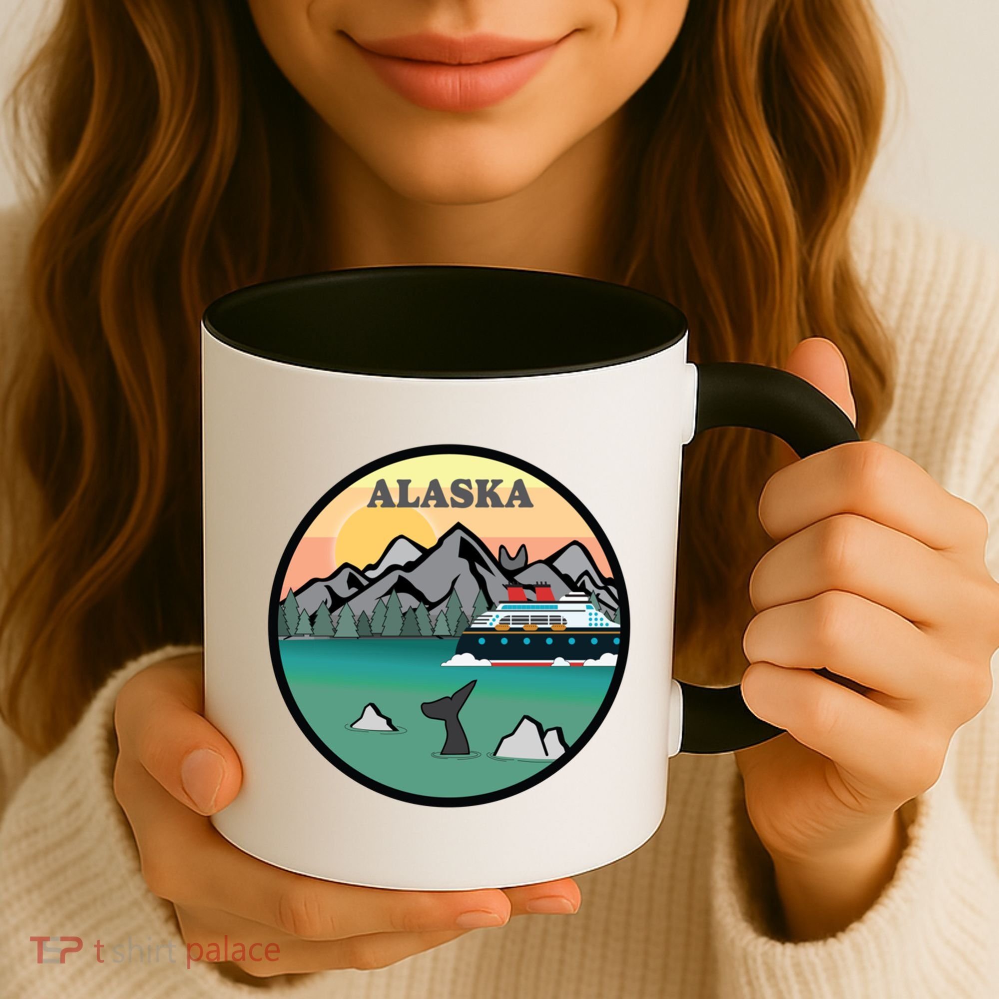 Alaska Cruise Ship With Mountains And Sunset Retro Gift Coffee Mug