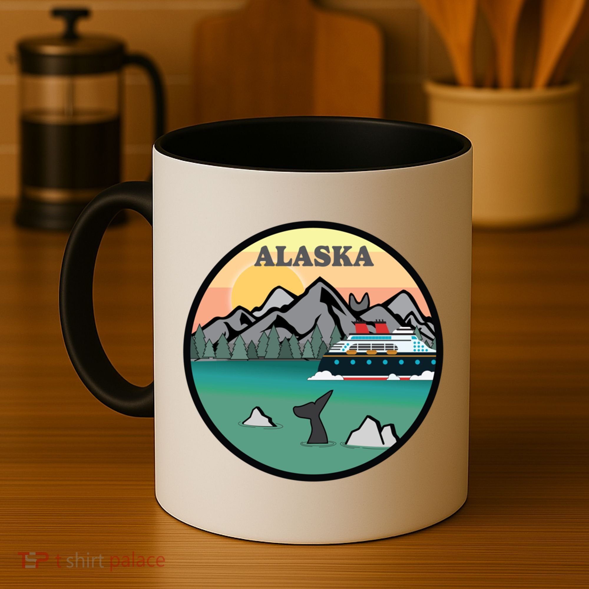 Alaska Cruise Ship With Mountains And Sunset Retro Gift Coffee Mug