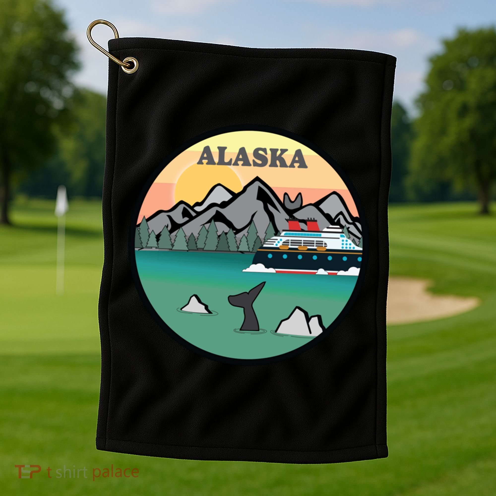 Alaska Cruise Ship With Mountains And Sunset Retro Gift Golf Towel