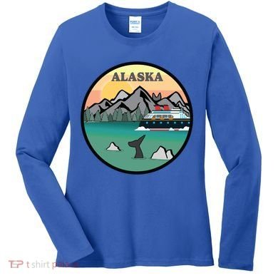 Alaska Cruise Ship With Mountains And Sunset Retro Gift Women's Long Sleeve Shirt