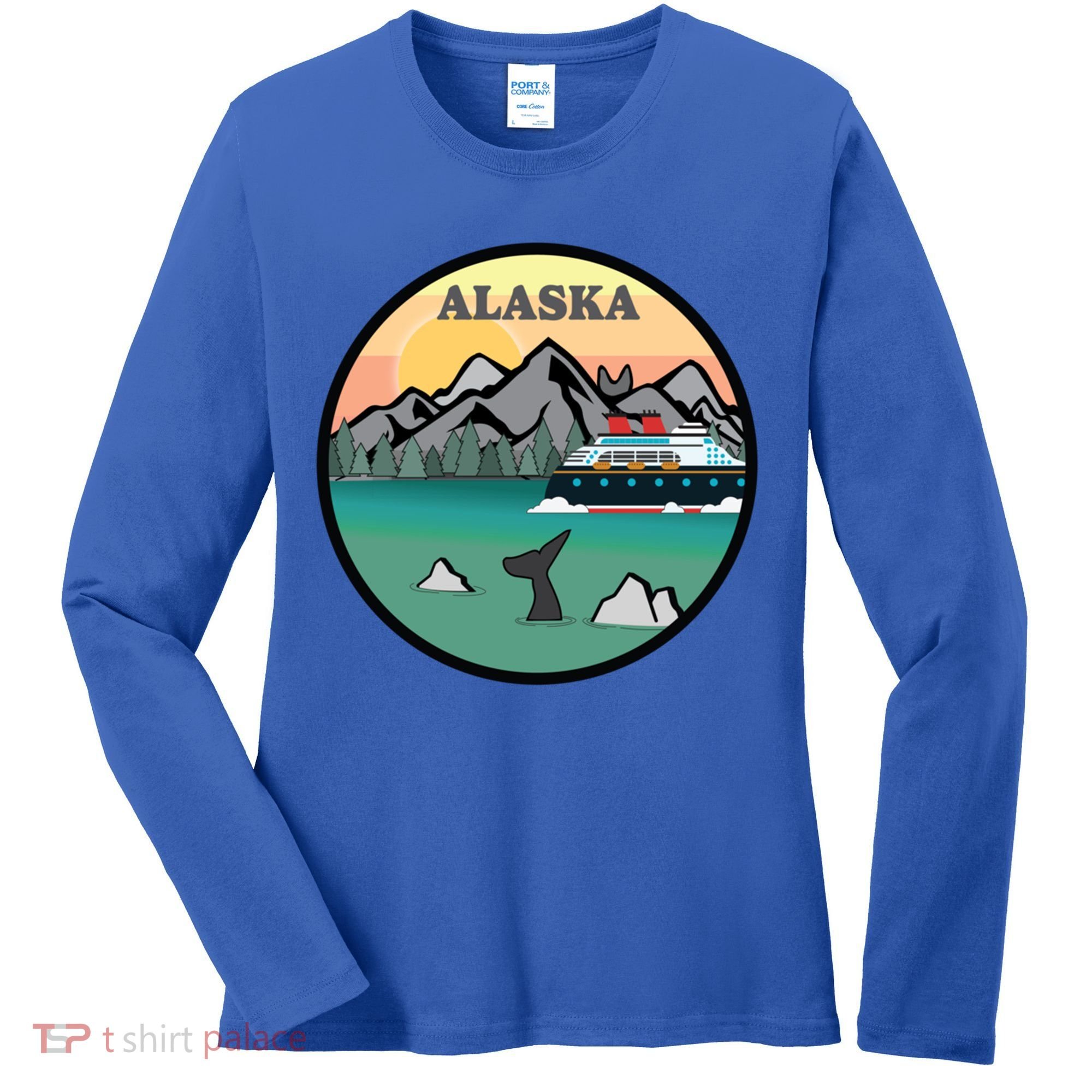 Alaska Cruise Ship With Mountains And Sunset Retro Gift Women's Long Sleeve Shirt