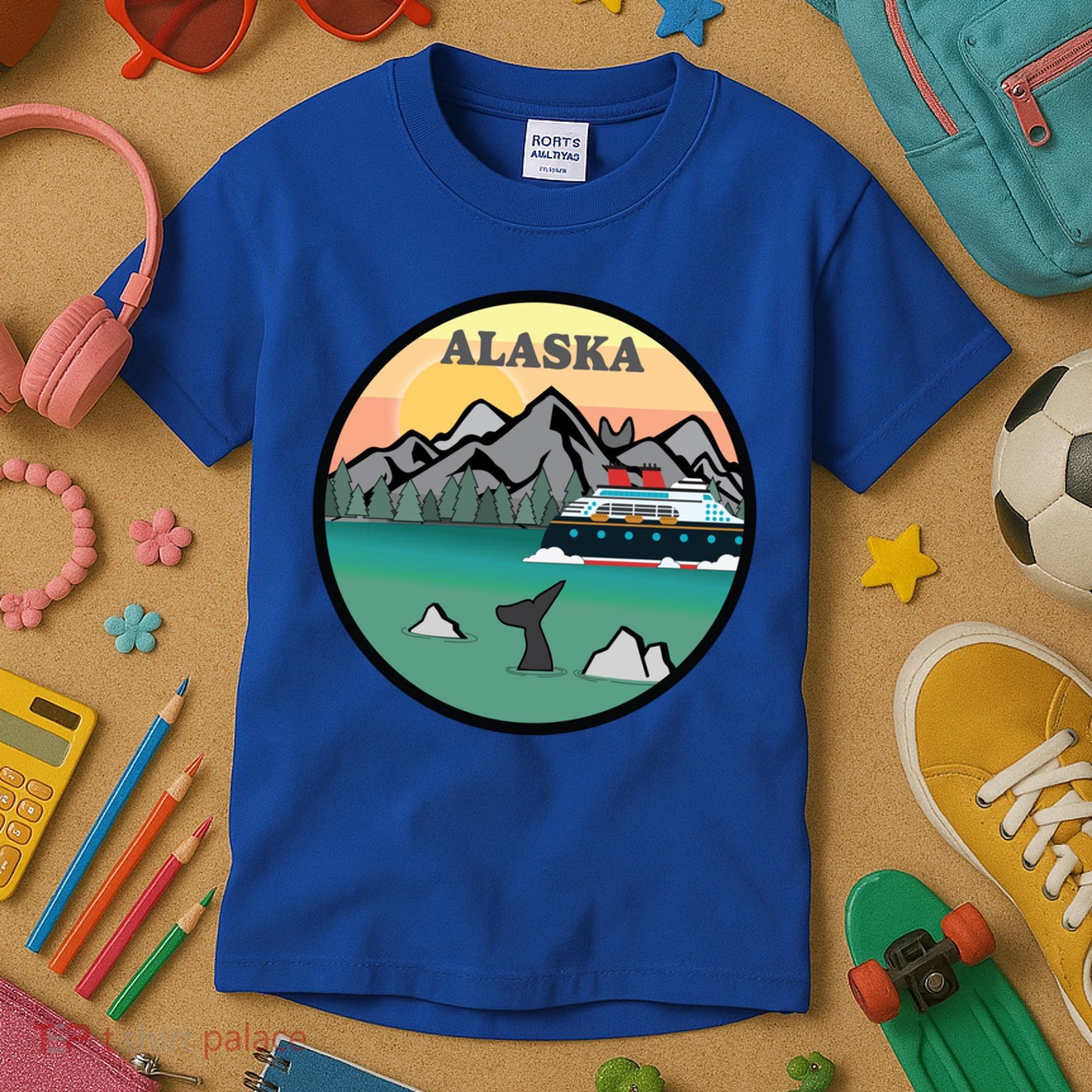 Alaska Cruise Ship With Mountains And Sunset Retro Gift Kids T-Shirt