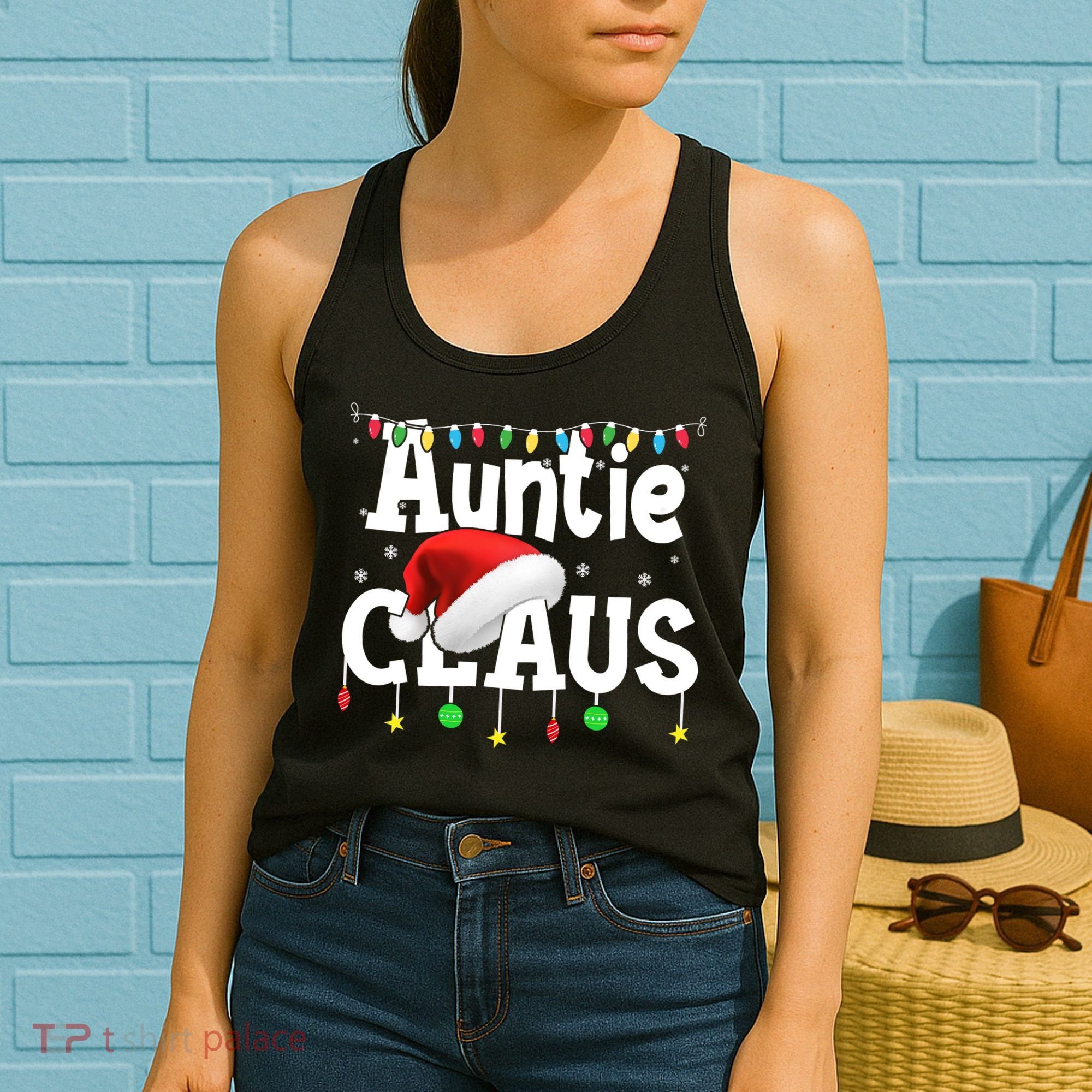 Auntie Claus Shirt Santa Hat Matching Christmas Lights Family Group Women's Tank Top