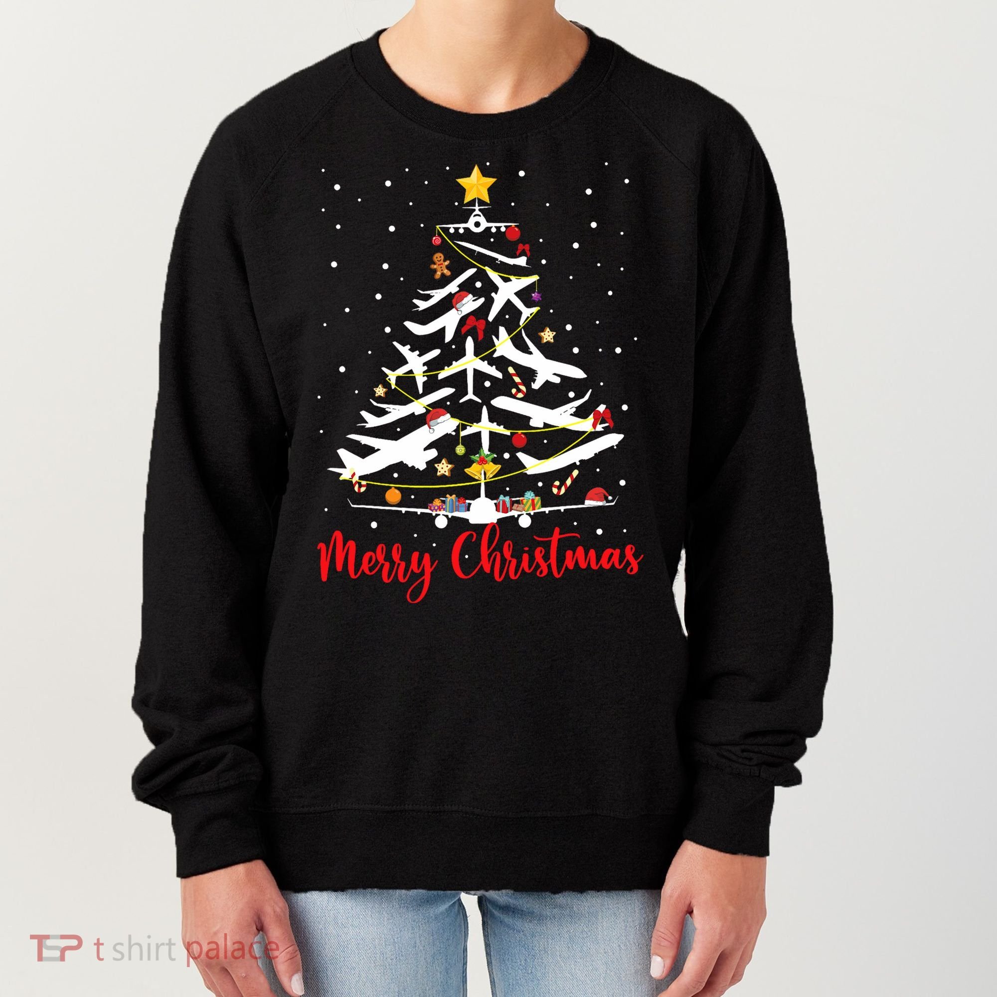 Airplane Christmas Tree Merry Christmas Most Likely Pilot Women's Sweatshirt