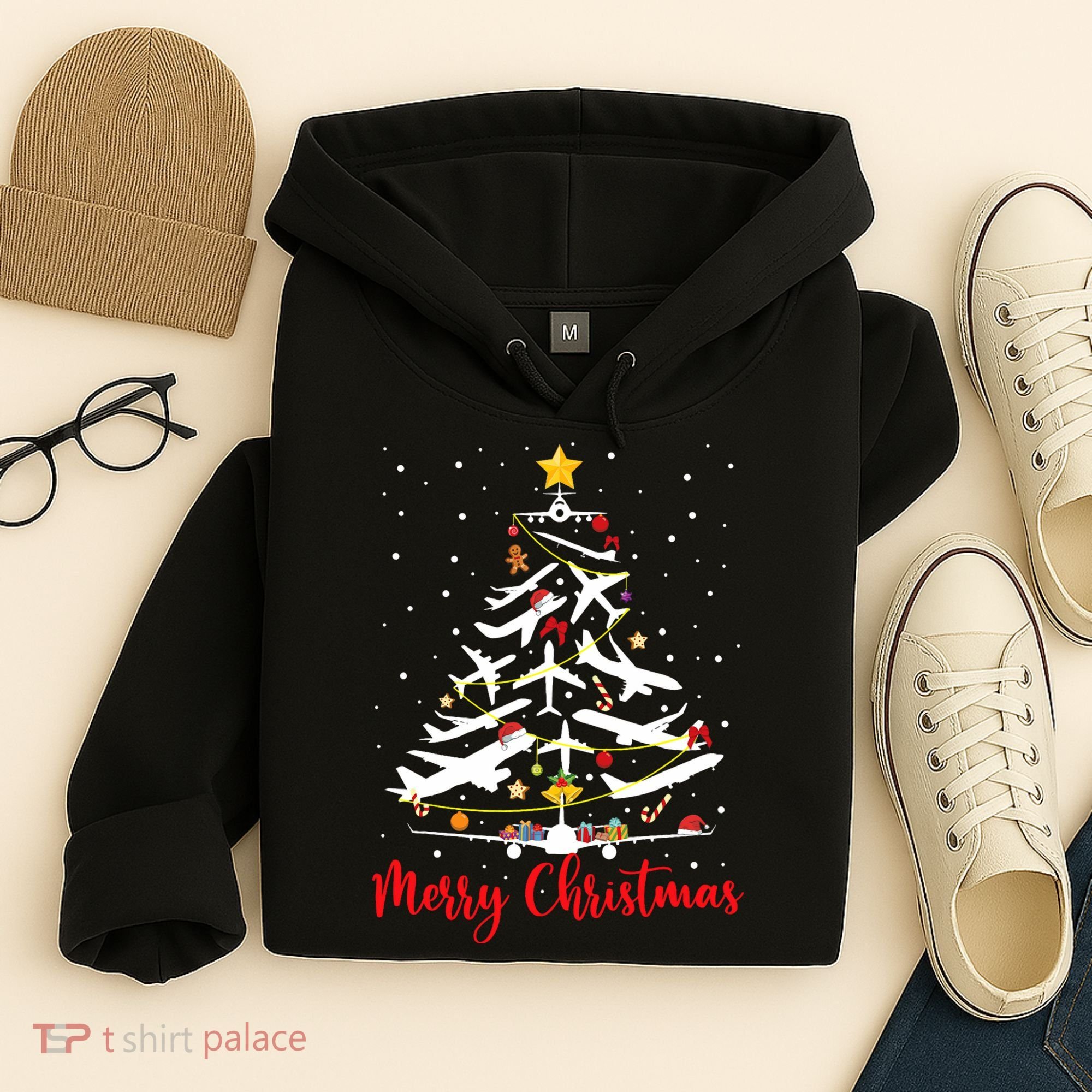 Airplane Christmas Tree Merry Christmas Most Likely Pilot Hoodie
