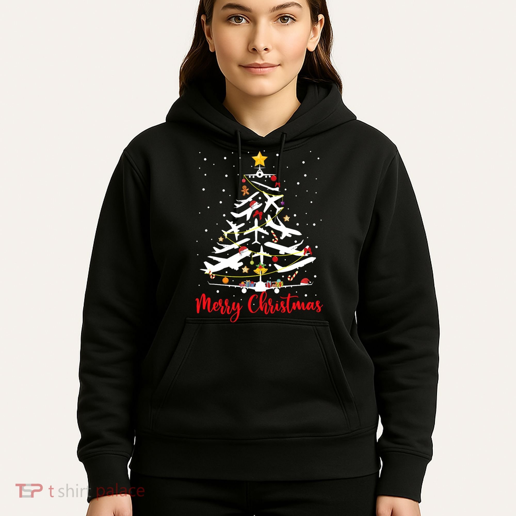 Airplane Christmas Tree Merry Christmas Most Likely Pilot Hoodie