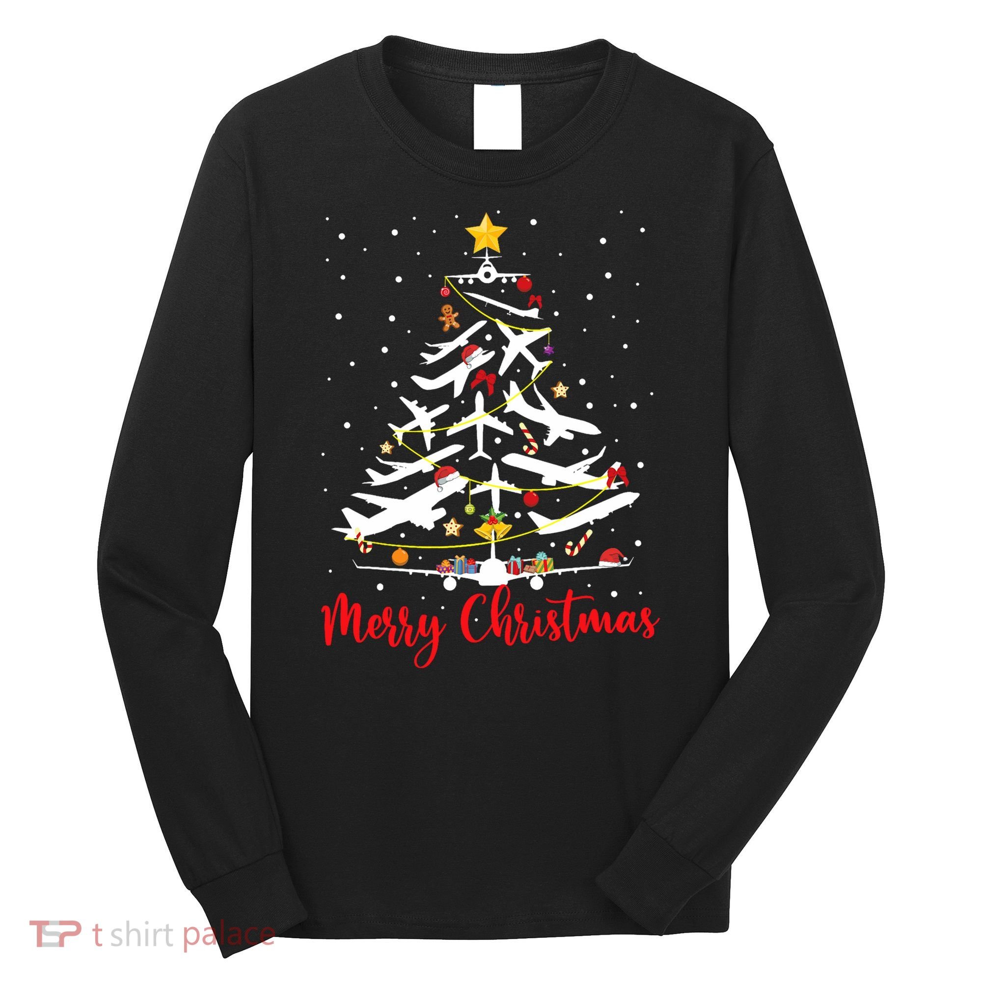 Airplane Christmas Tree Merry Christmas Most Likely Pilot Long Sleeve Shirt