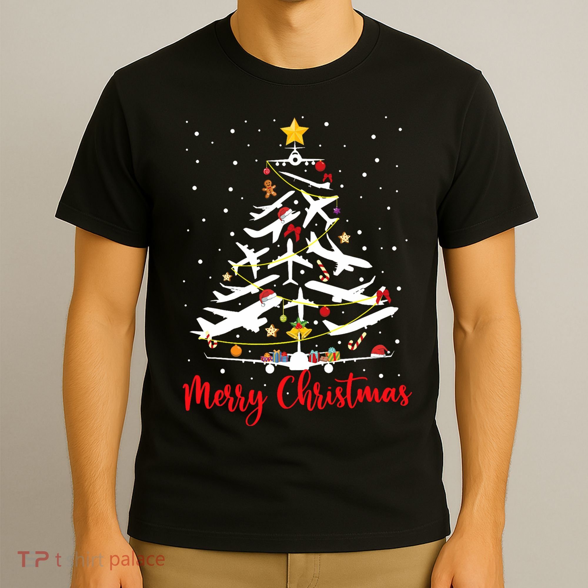 Airplane Christmas Tree Merry Christmas Most Likely Pilot T-Shirt