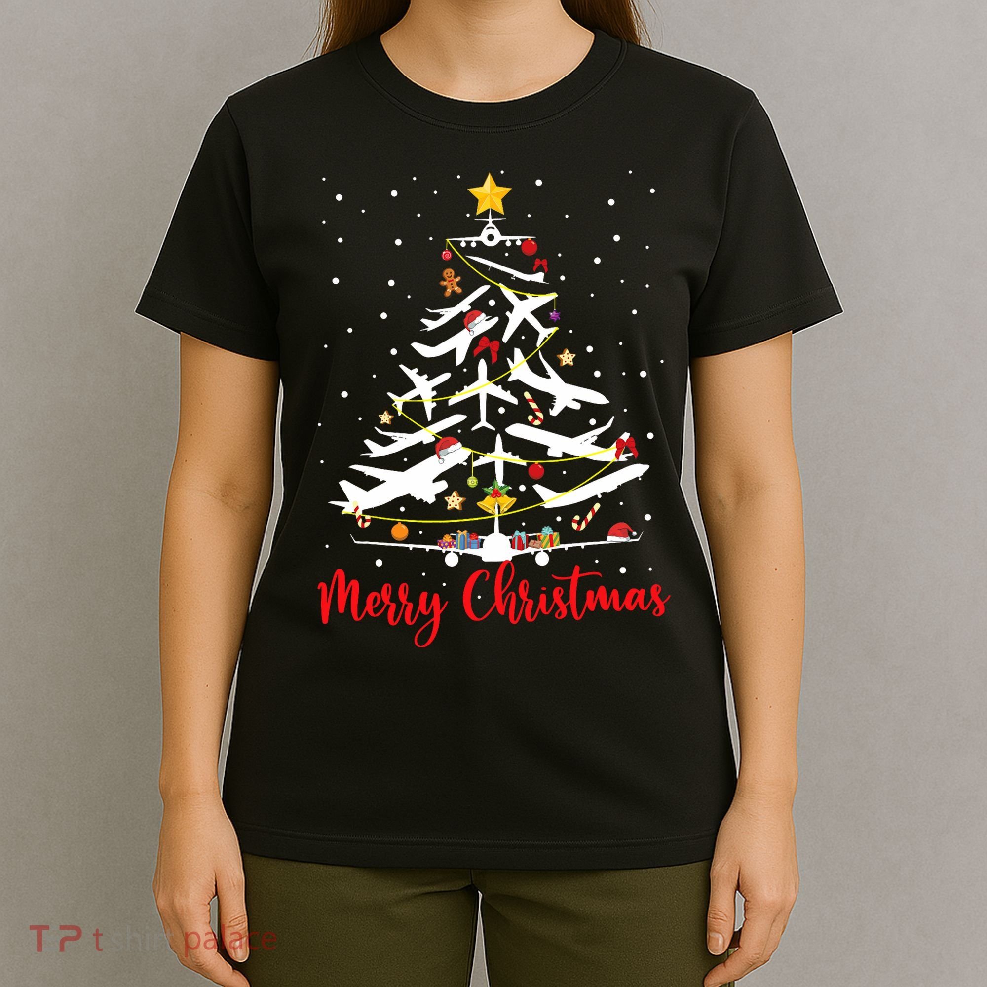 Airplane Christmas Tree Merry Christmas Most Likely Pilot T-Shirt