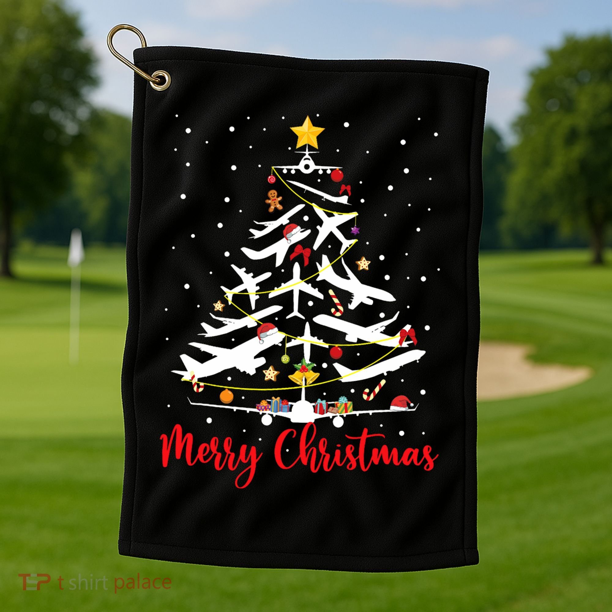 Airplane Christmas Tree Merry Christmas Most Likely Pilot Golf Towel