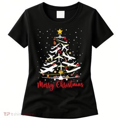 Airplane Christmas Tree Merry Christmas Most Likely Pilot Women's T-Shirt