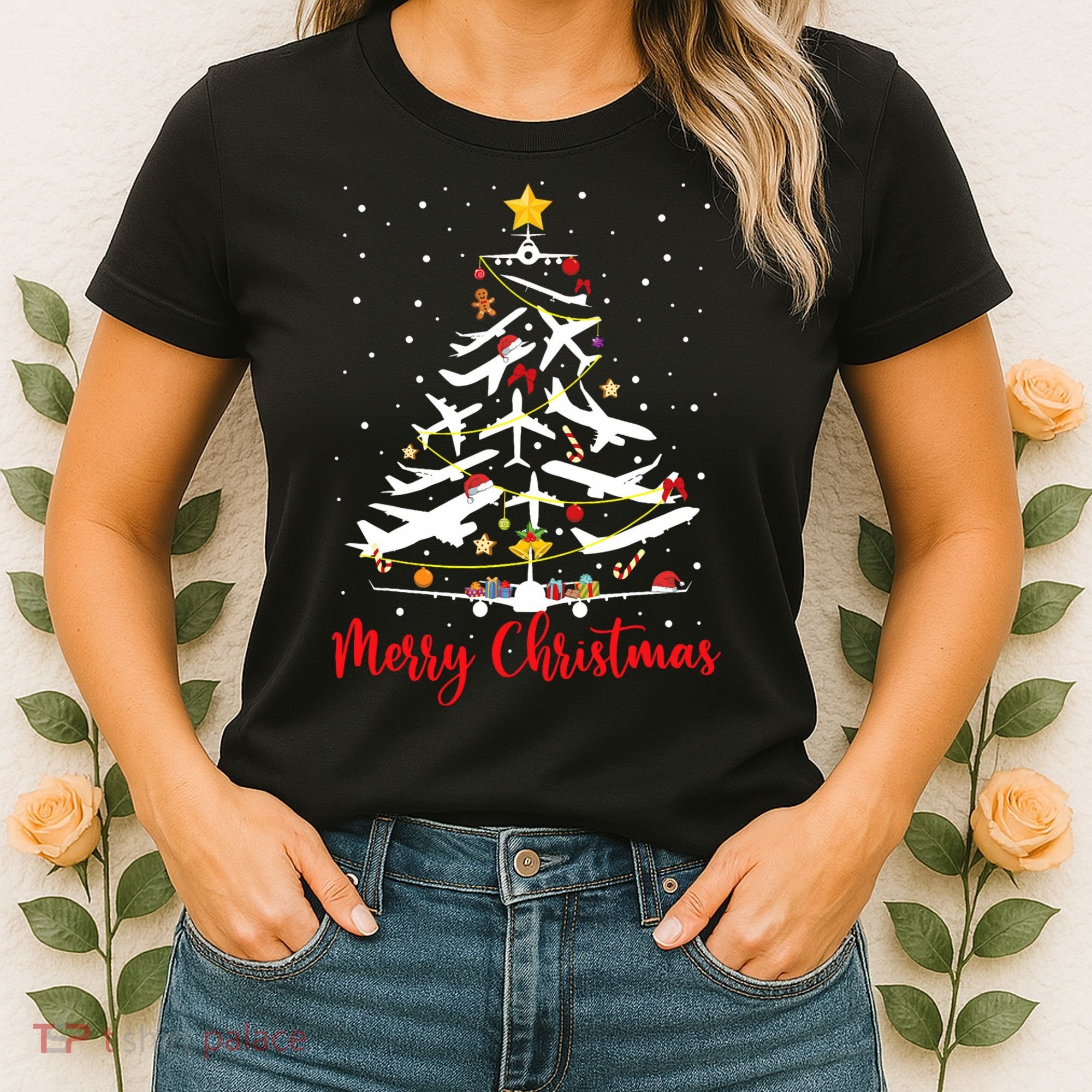 Airplane Christmas Tree Merry Christmas Most Likely Pilot Women's T-Shirt