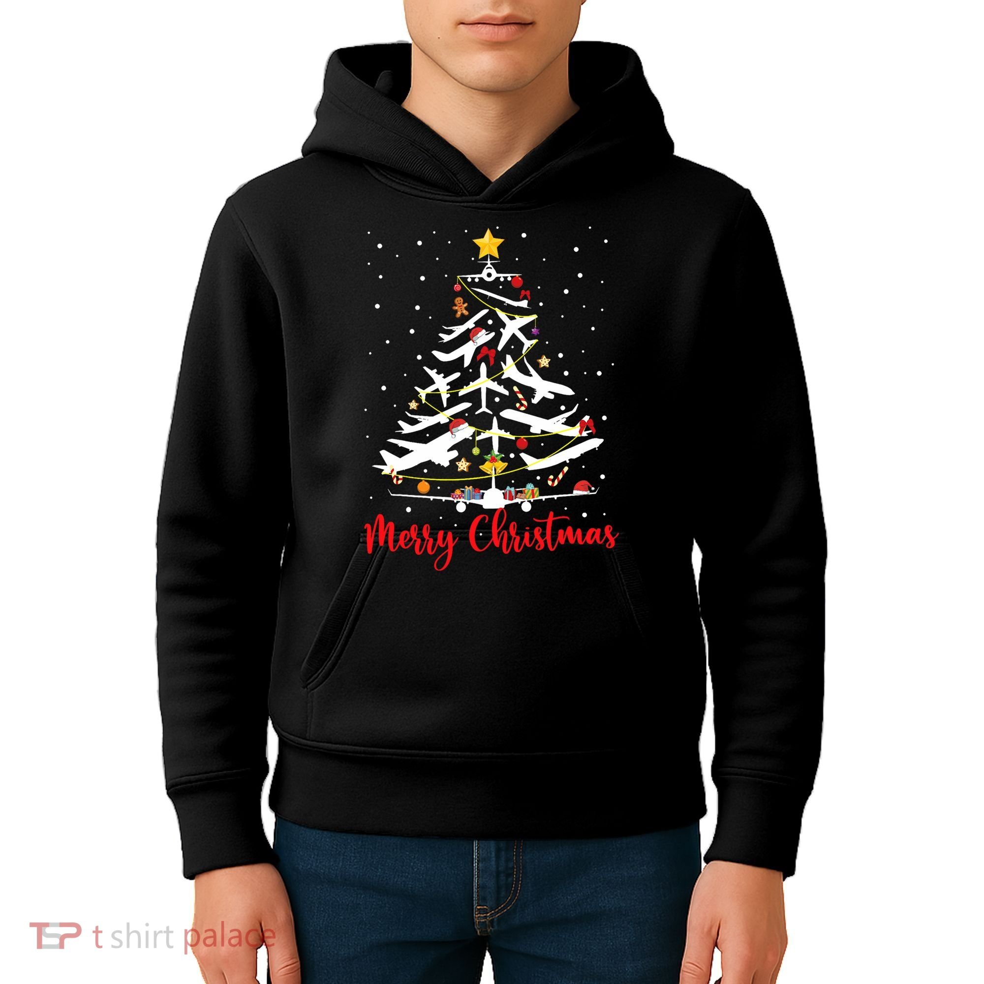 Airplane Christmas Tree Merry Christmas Most Likely Pilot Kids Hoodie