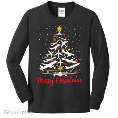 Airplane Christmas Tree Merry Christmas Most Likely Pilot Kids Long Sleeve Shirt