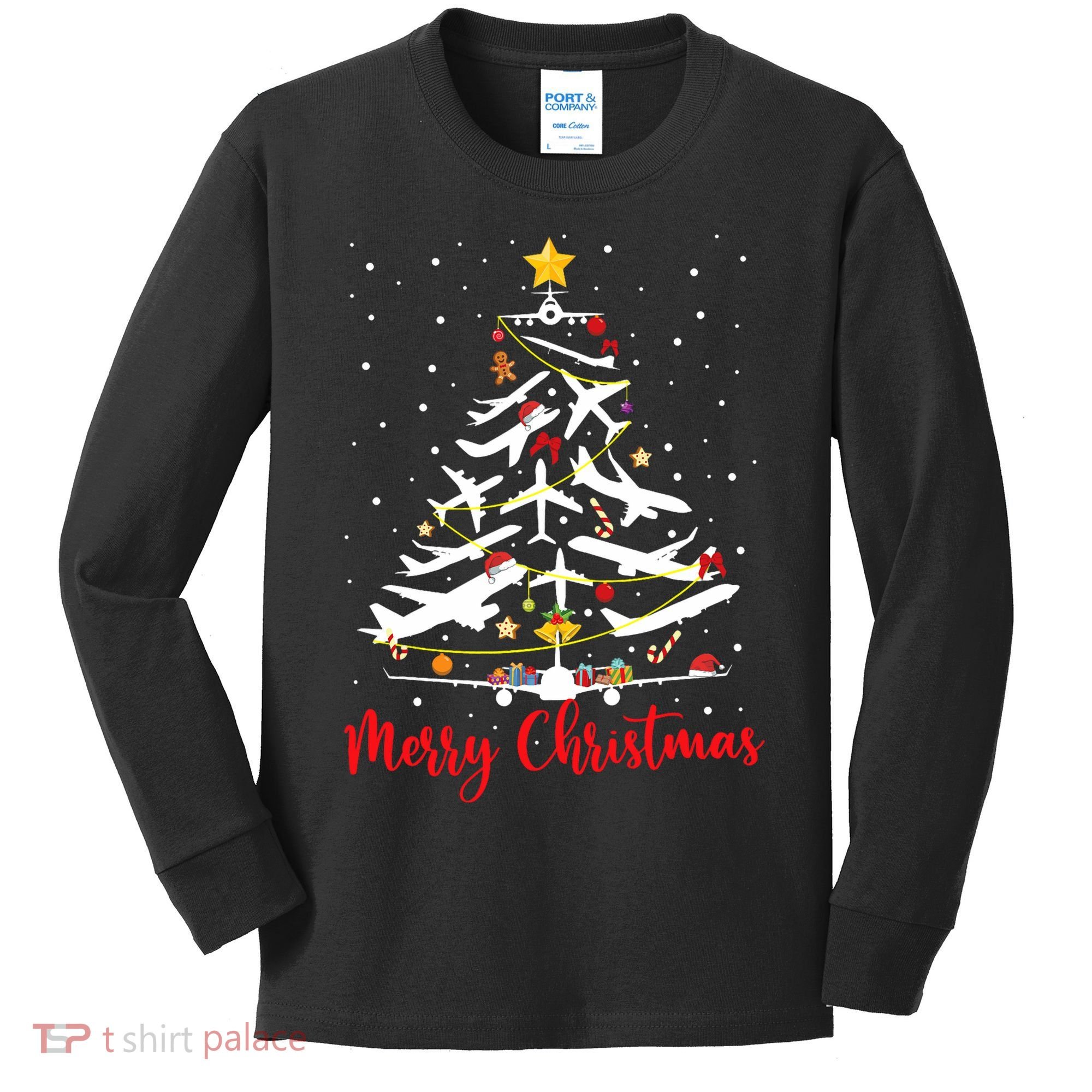 Airplane Christmas Tree Merry Christmas Most Likely Pilot Kids Long Sleeve Shirt