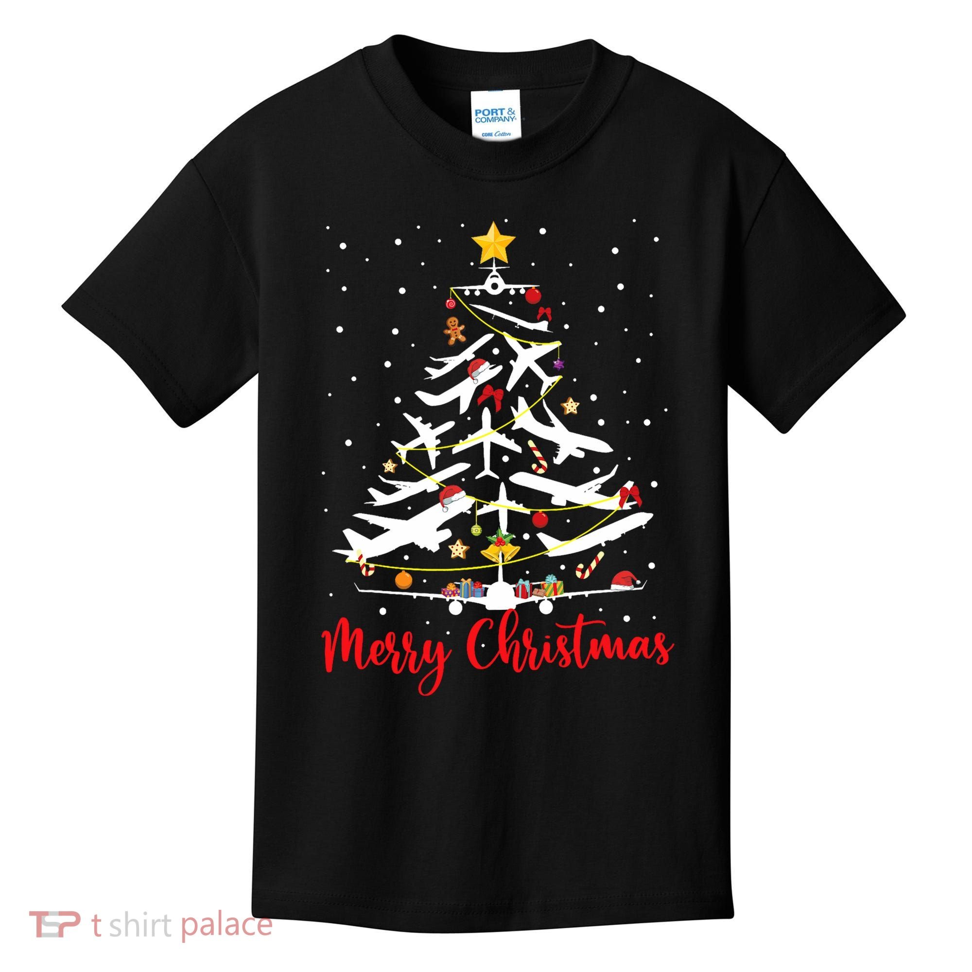 Airplane Christmas Tree Merry Christmas Most Likely Pilot Kids T-Shirt