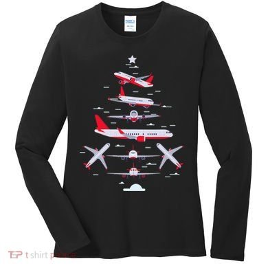 Airplane Christmas Tree Pilot Merry Christmas Xmas Tree Women's Long Sleeve Shirt