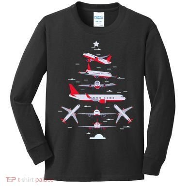 Airplane Christmas Tree Pilot Merry Christmas Xmas Tree Kids Long Sleeve Shirt