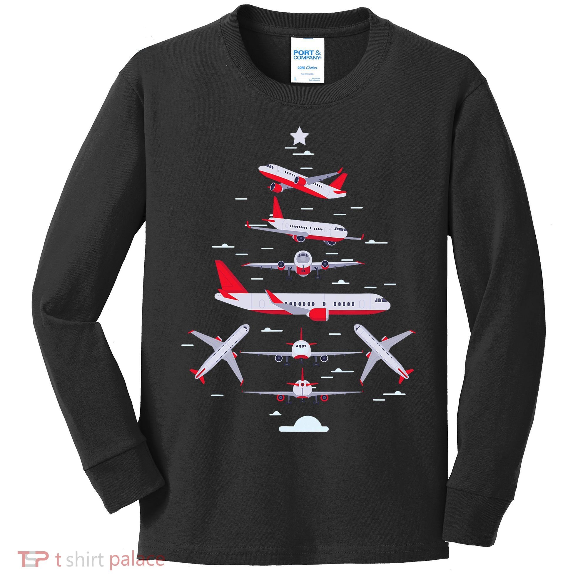 Airplane Christmas Tree Pilot Merry Christmas Xmas Tree Kids Long Sleeve Shirt
