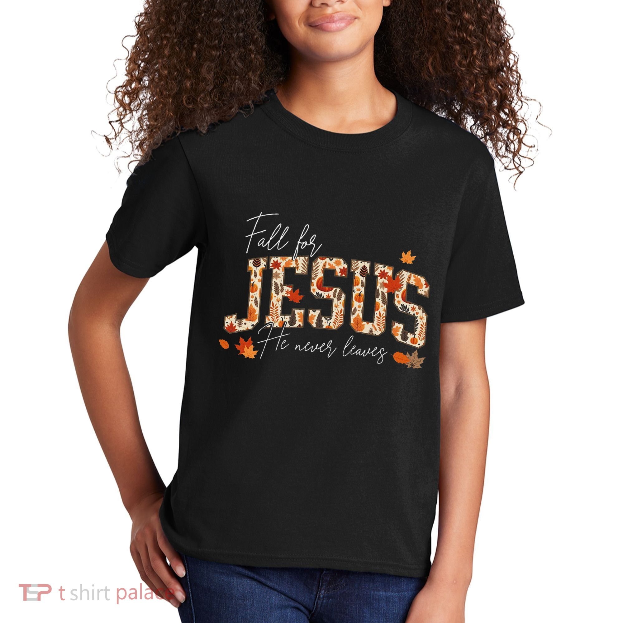 Autumn Christian Thanksgiving Fall For Jesus He Never Leaves Kids T-Shirt
