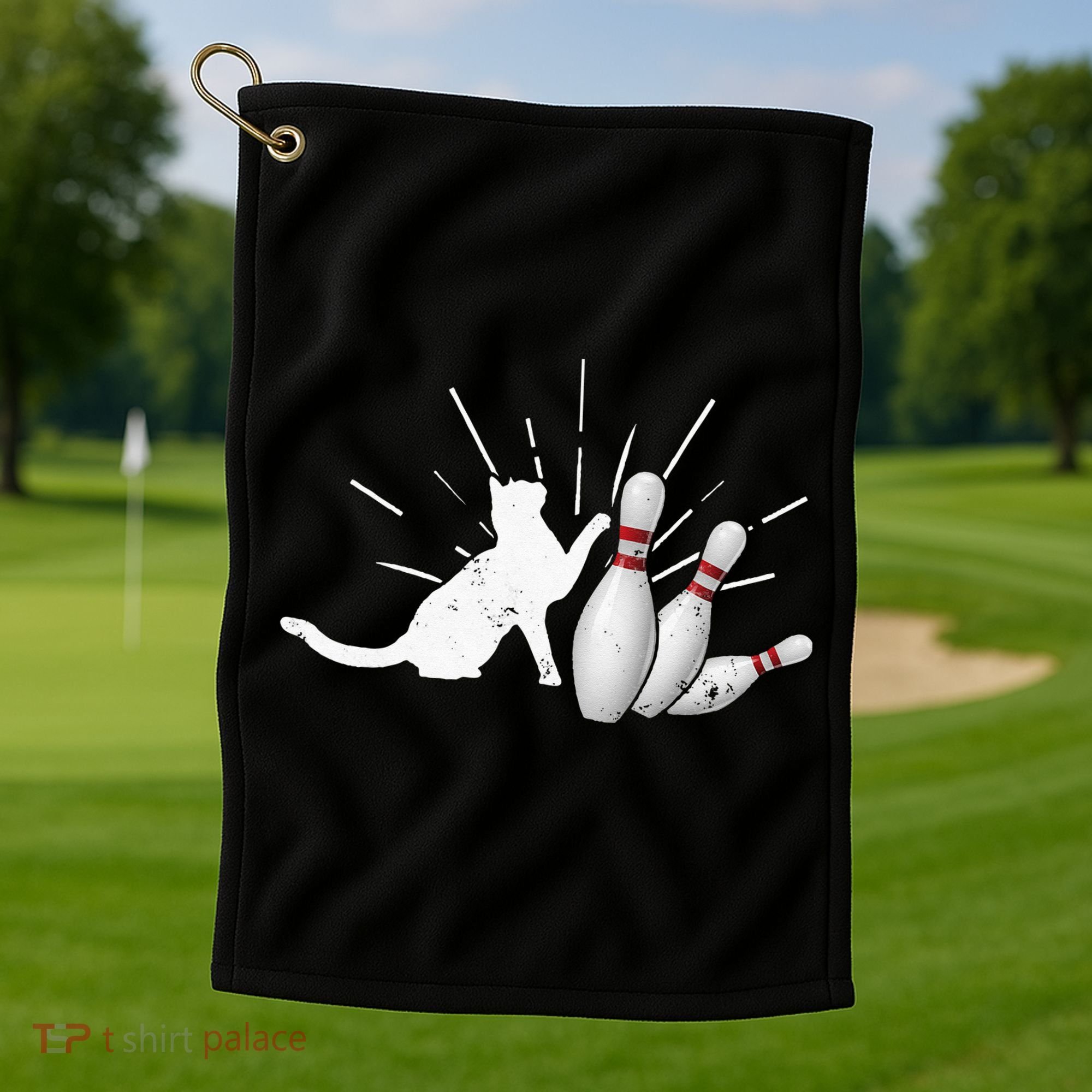 Alley Cat Tipping Pins Funny Bowling Golf Towel