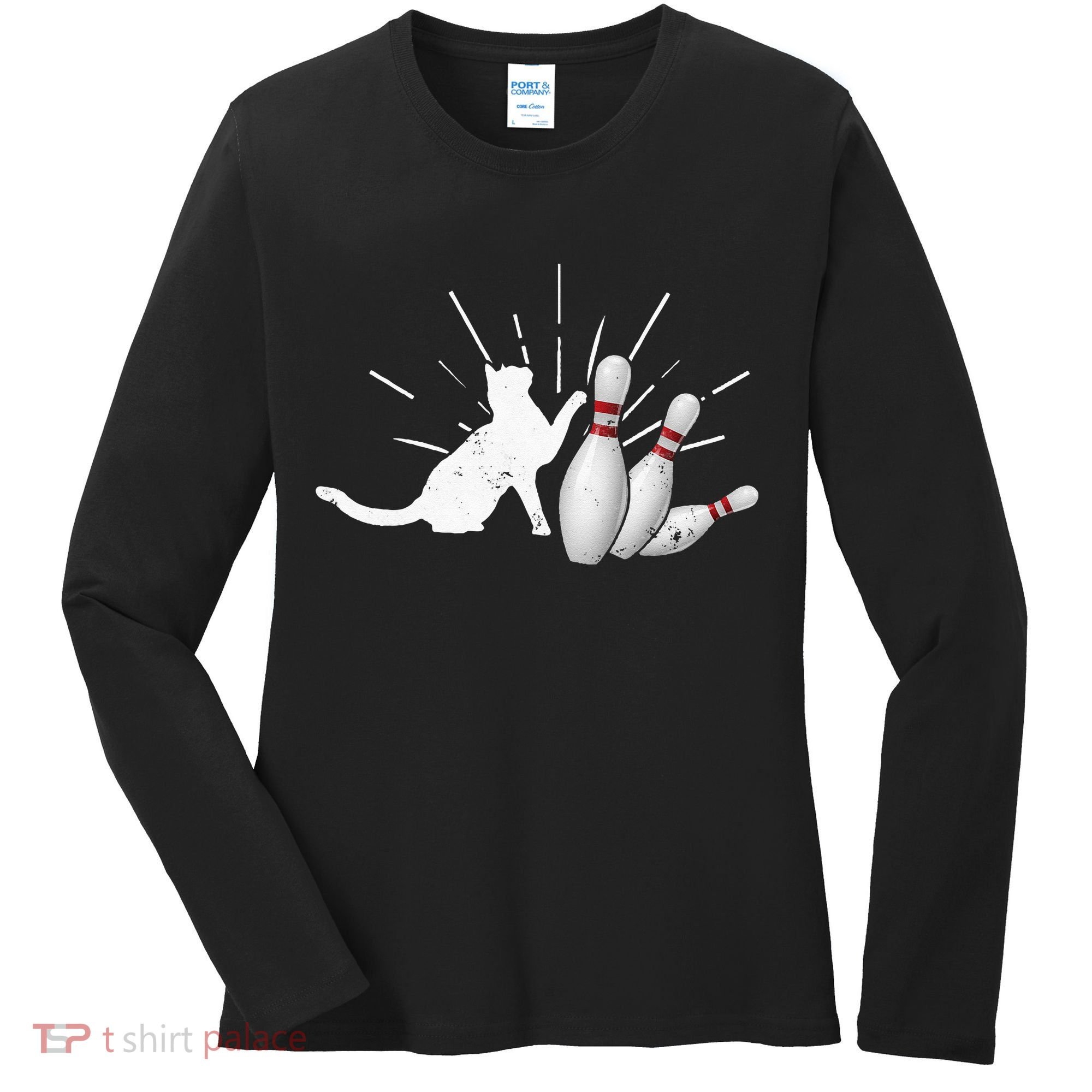 Alley Cat Tipping Pins Funny Bowling Women's Long Sleeve Shirt