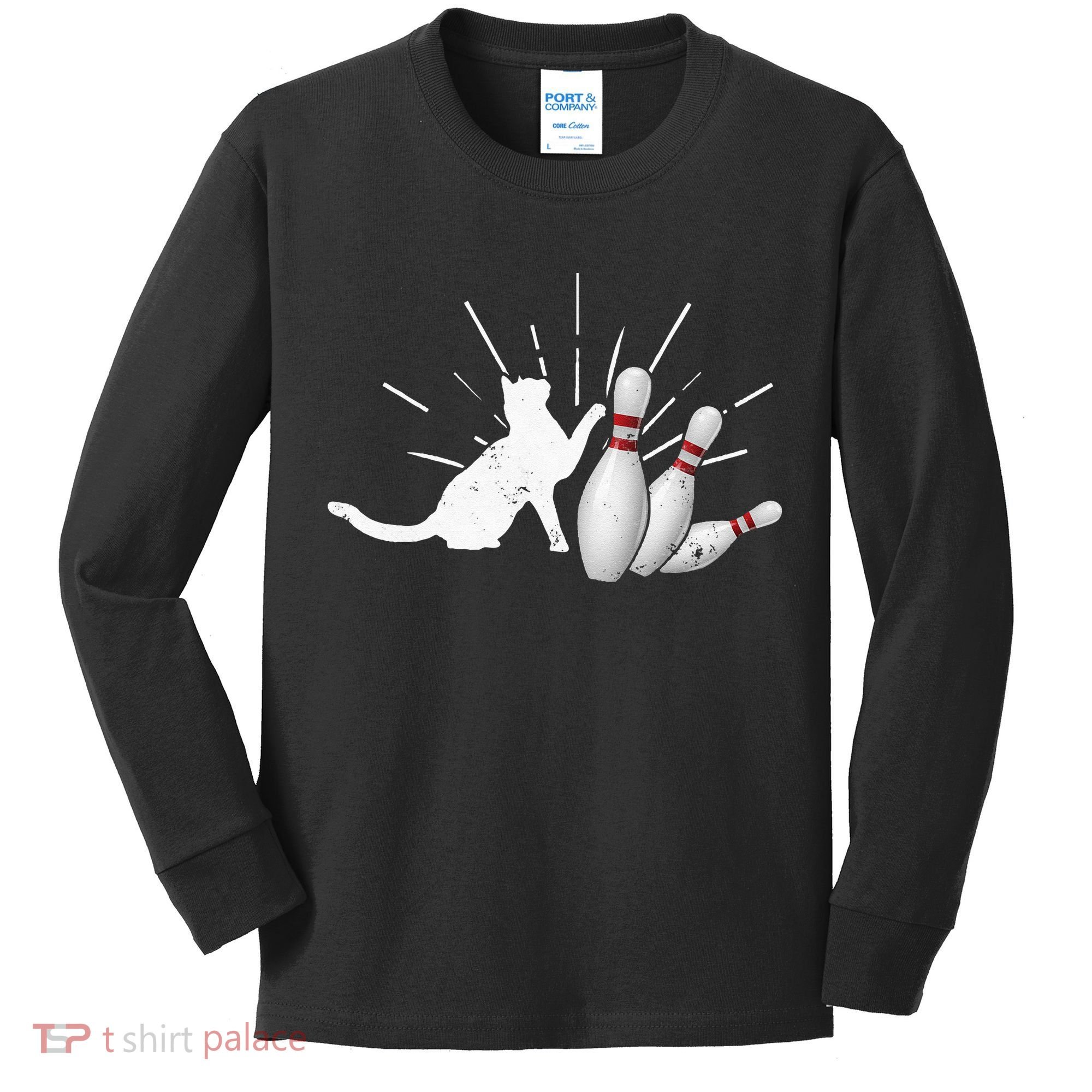 Alley Cat Tipping Pins Funny Bowling Kids Long Sleeve Shirt