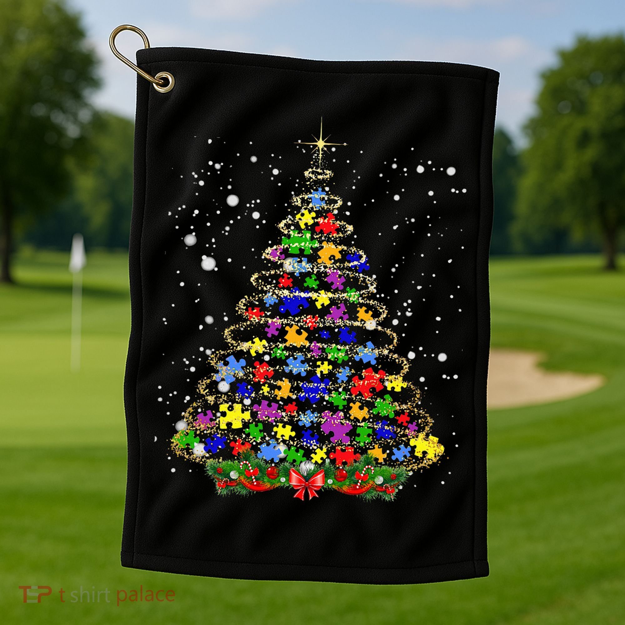 Autism Christmas Tree Lights Xmas Cute Xmas Autism Awareness Golf Towel