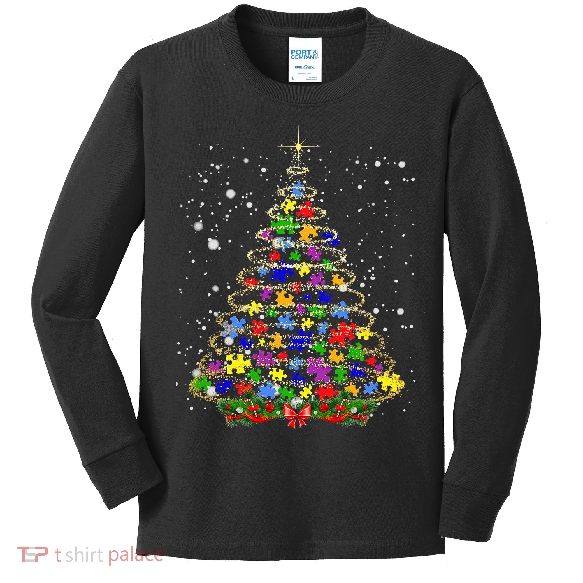 Autism Christmas Tree Lights Xmas Cute Xmas Autism Awareness Kids Long Sleeve Shirt
