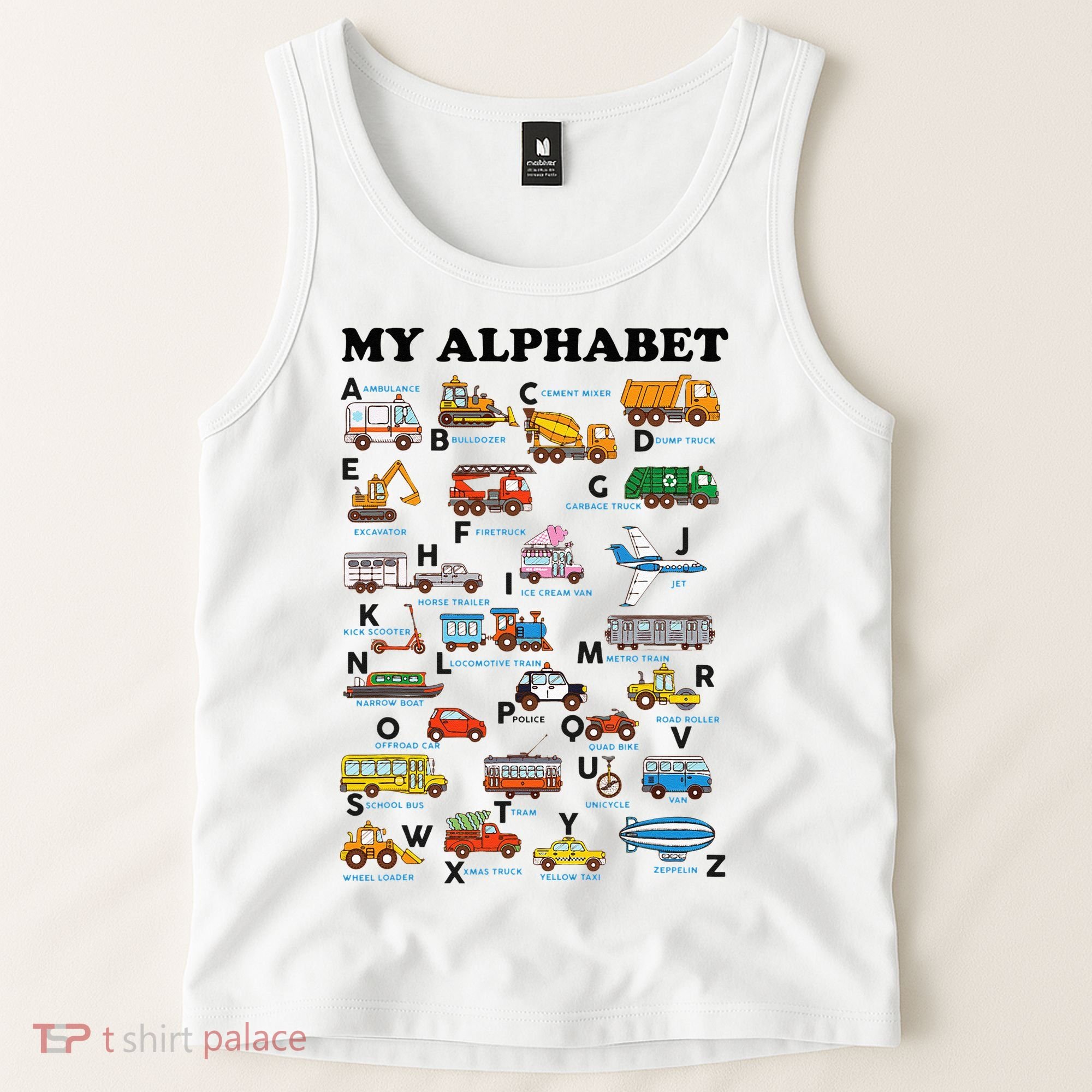 Alphabet Construction Vehicles ABC Learning Teaching Tank Top