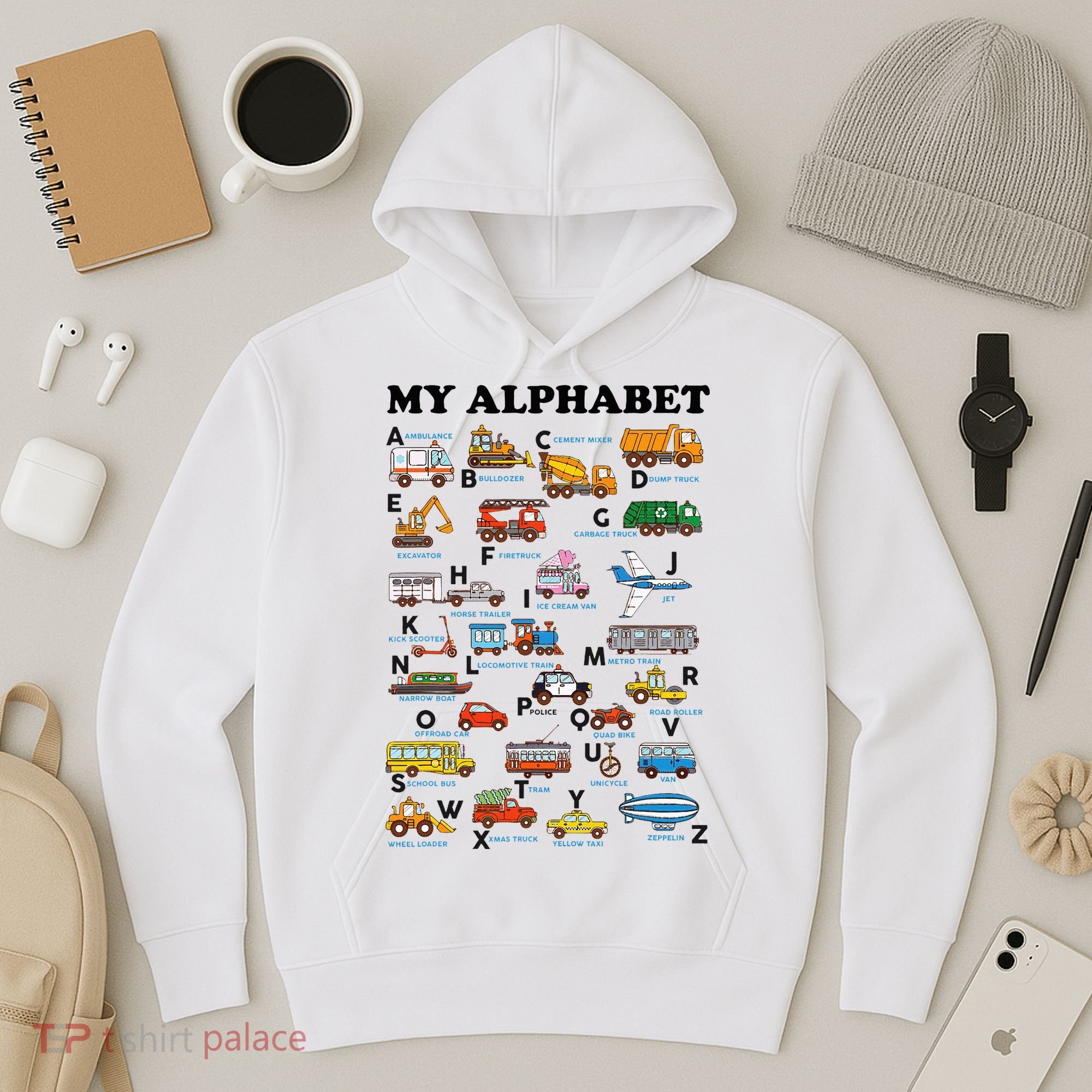 Alphabet Construction Vehicles Abc Learning Teaching Hoodie