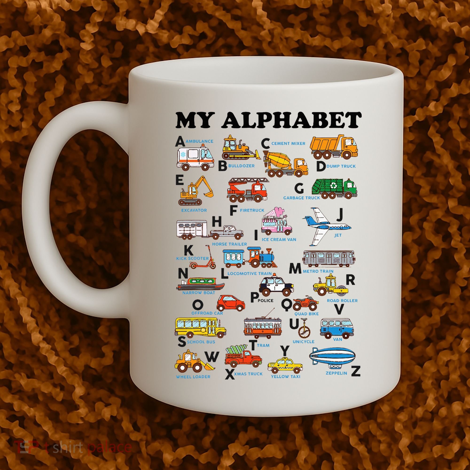 Alphabet Construction Vehicles Abc Learning Teaching Coffee Mug