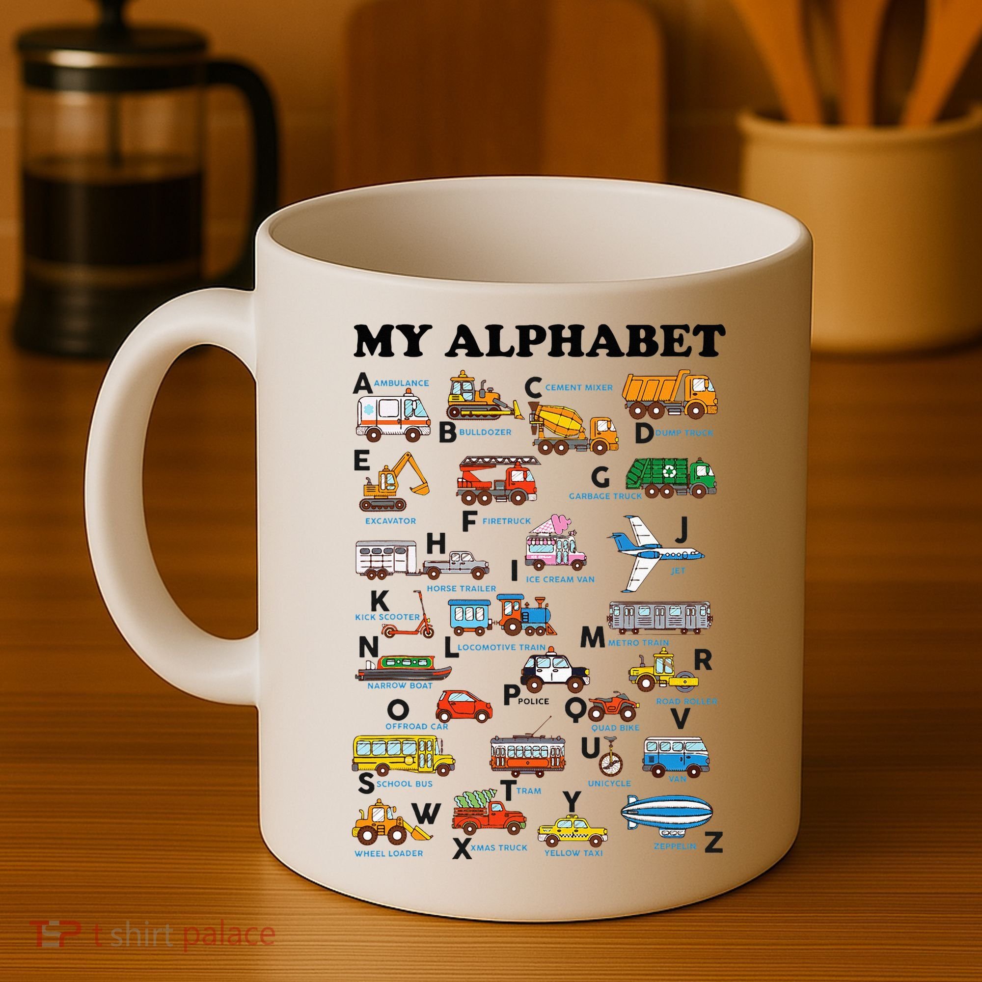 Alphabet Construction Vehicles Abc Learning Teaching Coffee Mug