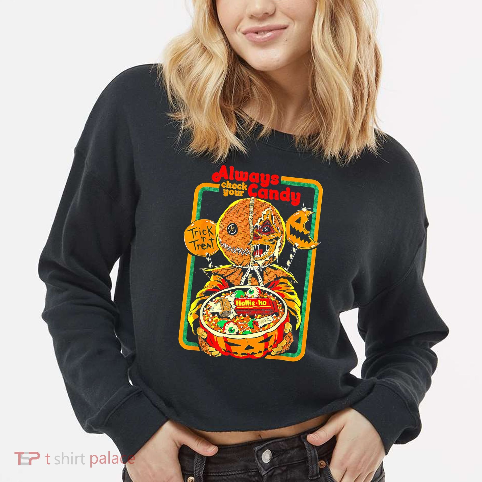 Always Check Your Candy Trick Or Treat Funny Halloween Cropped Pullover Crew