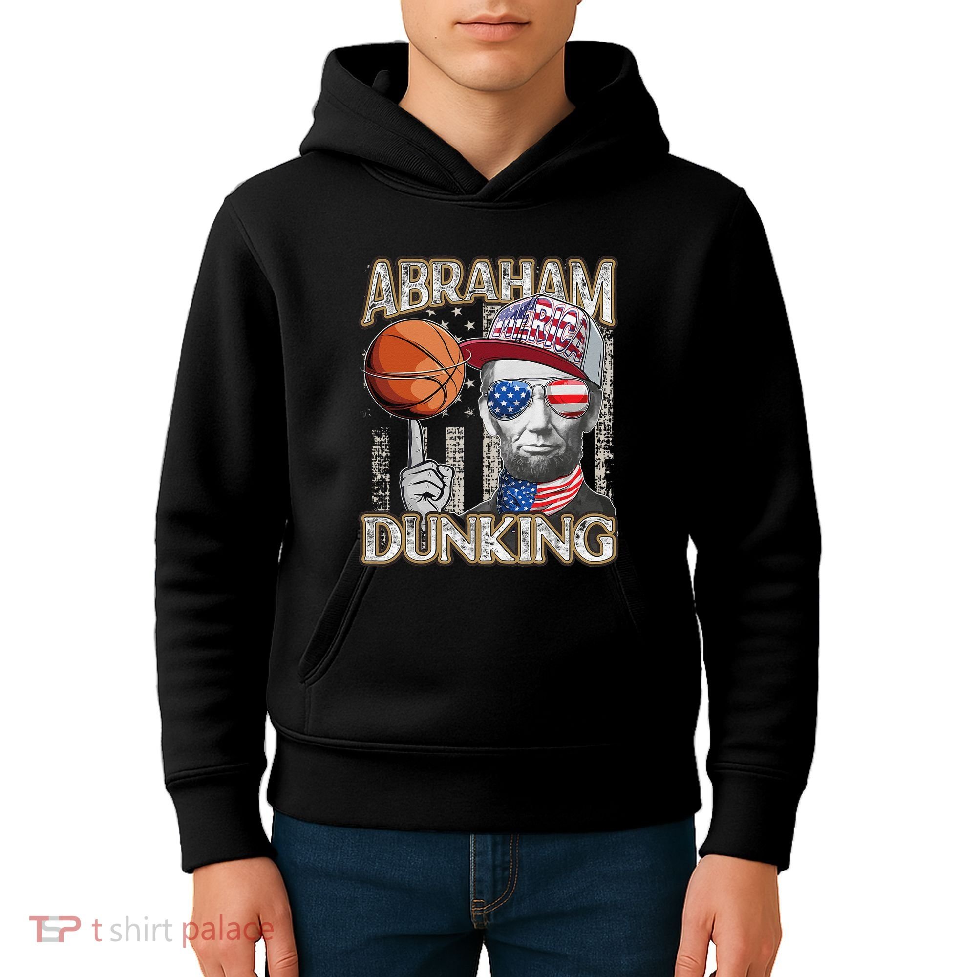 Abraham Dunking Abe Lincoln Basketball Patriotic 4th of July Kids Hoodie