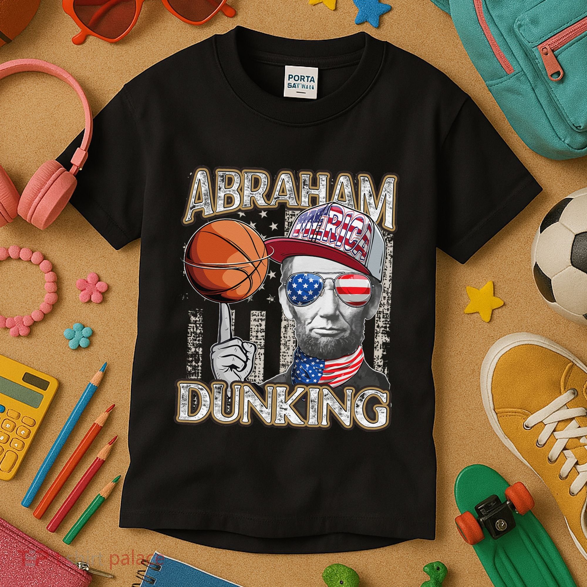 Abraham Dunking Abe Lincoln Basketball Patriotic 4th of July Kids T-Shirt