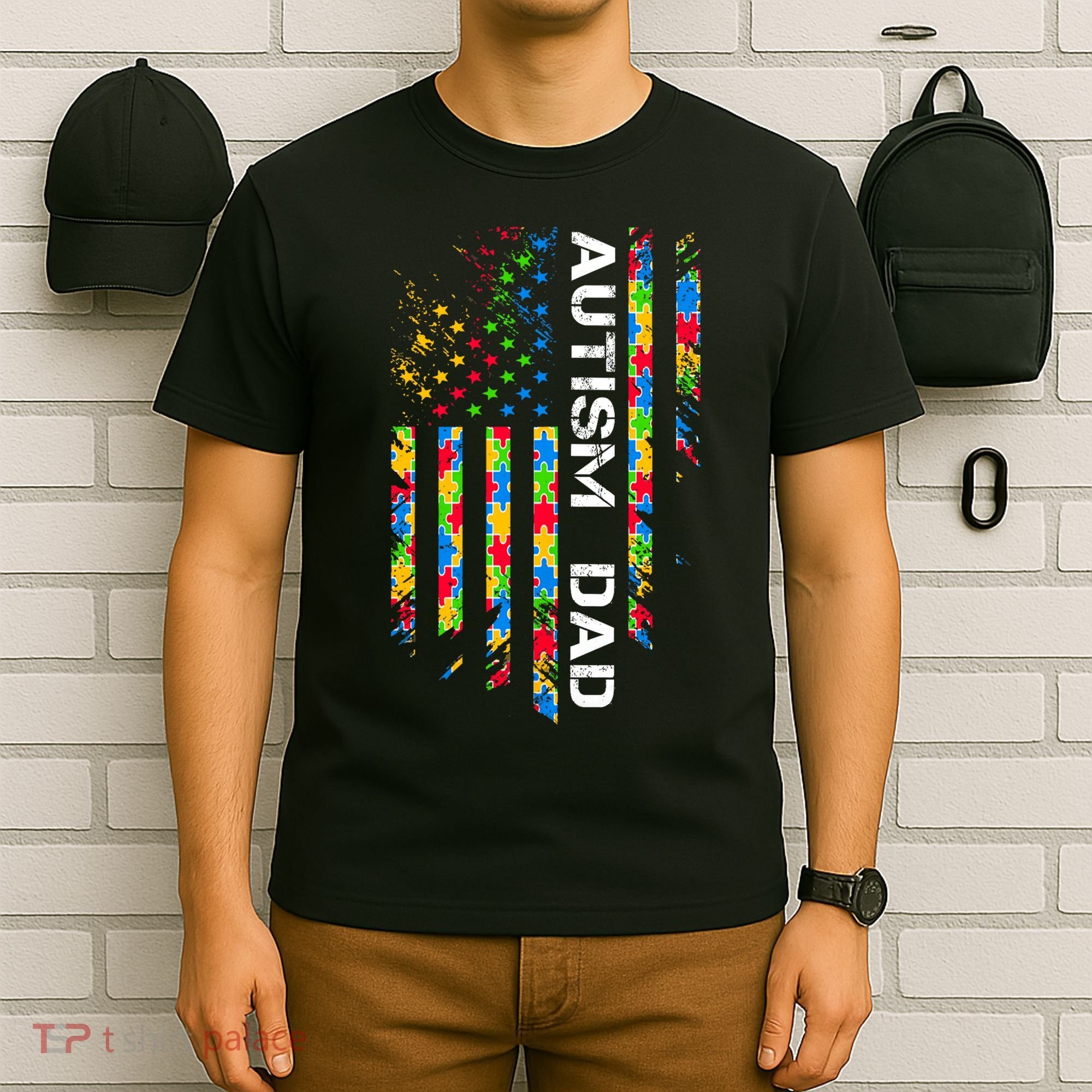 Autism Dad Awareness American Flag USA T-Shirt