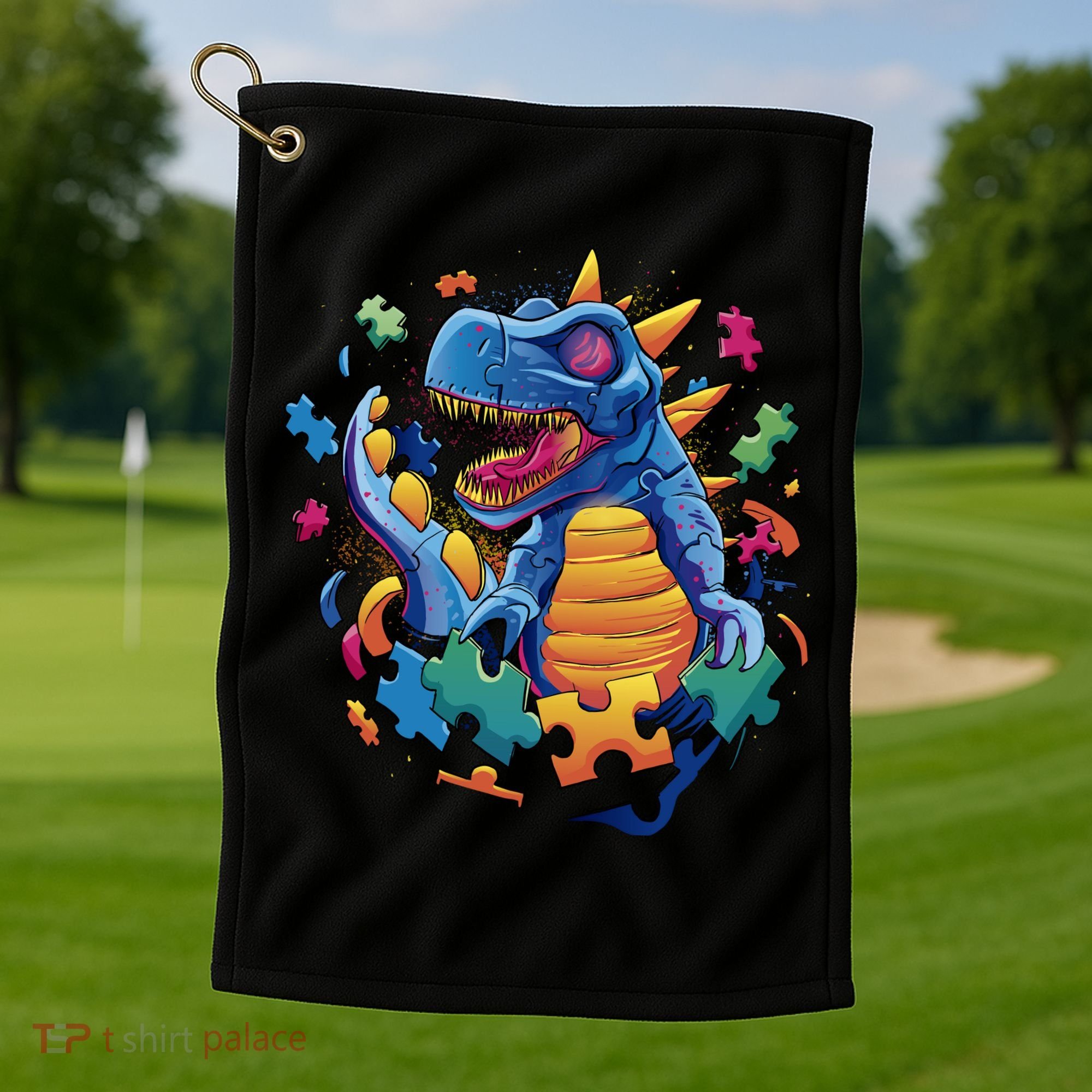 Autism Dinosaur And Puzzle Pieces Golf Towel