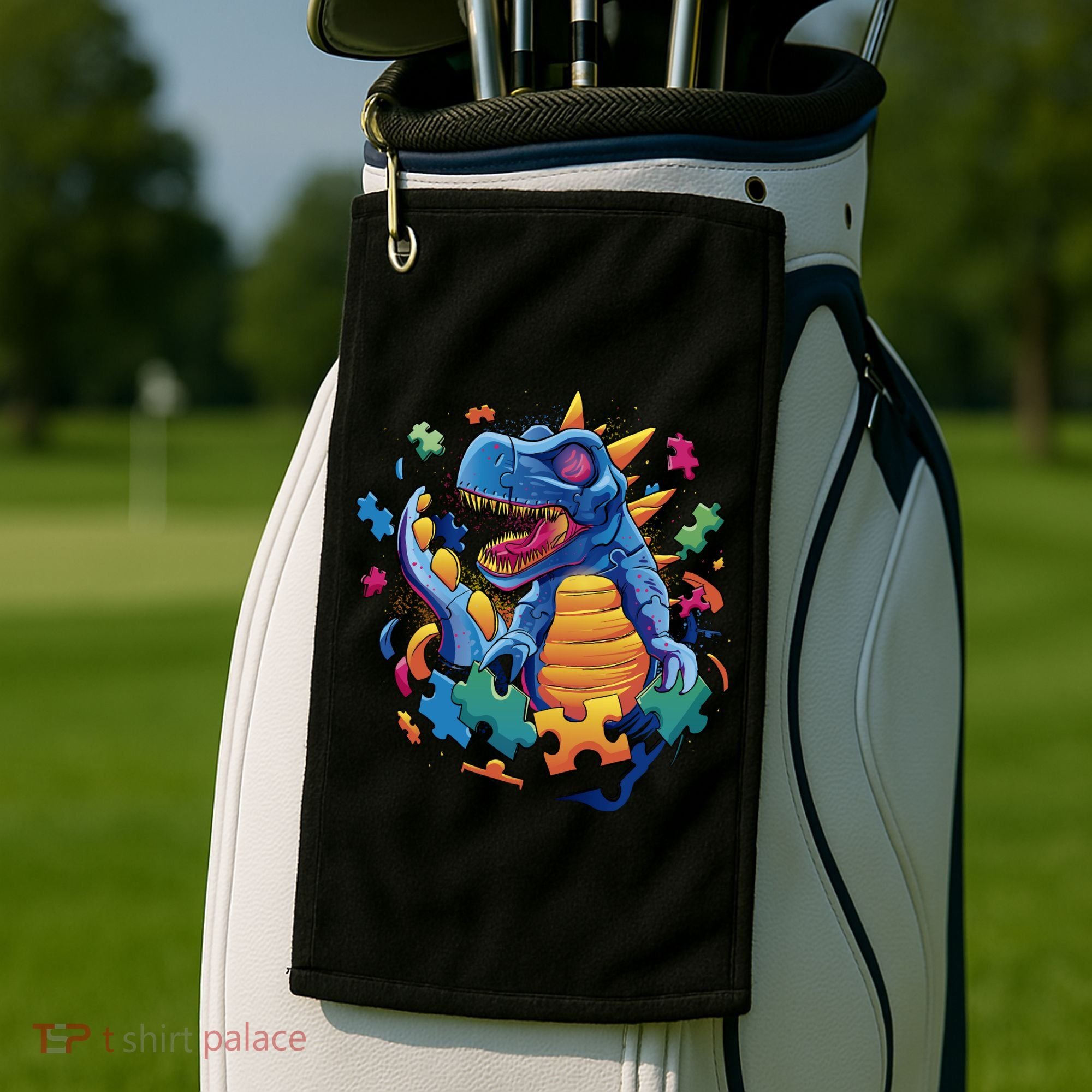 Autism Dinosaur And Puzzle Pieces Golf Towel