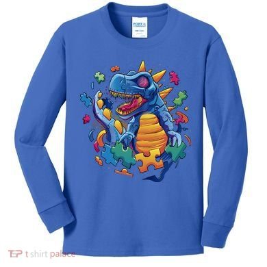 Autism Dinosaur And Puzzle Pieces Kids Long Sleeve Shirt