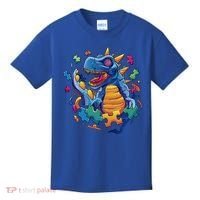 Autism Dinosaur And Puzzle Pieces Kids T-Shirt thumb 0