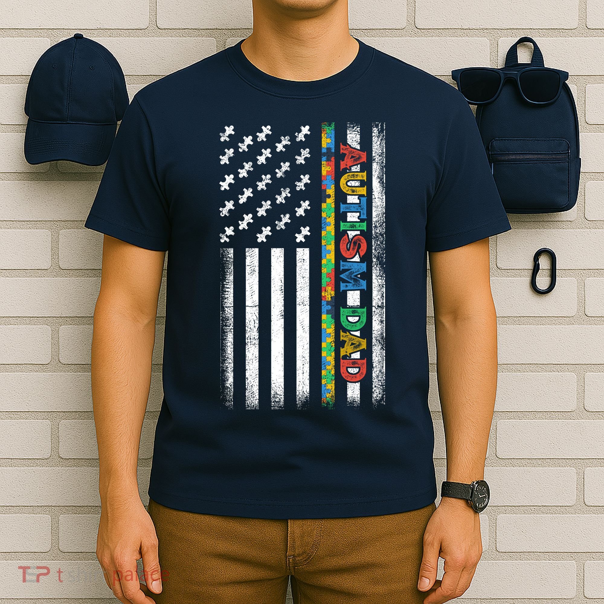 Autism Dad Awareness American Flag USA T-Shirt