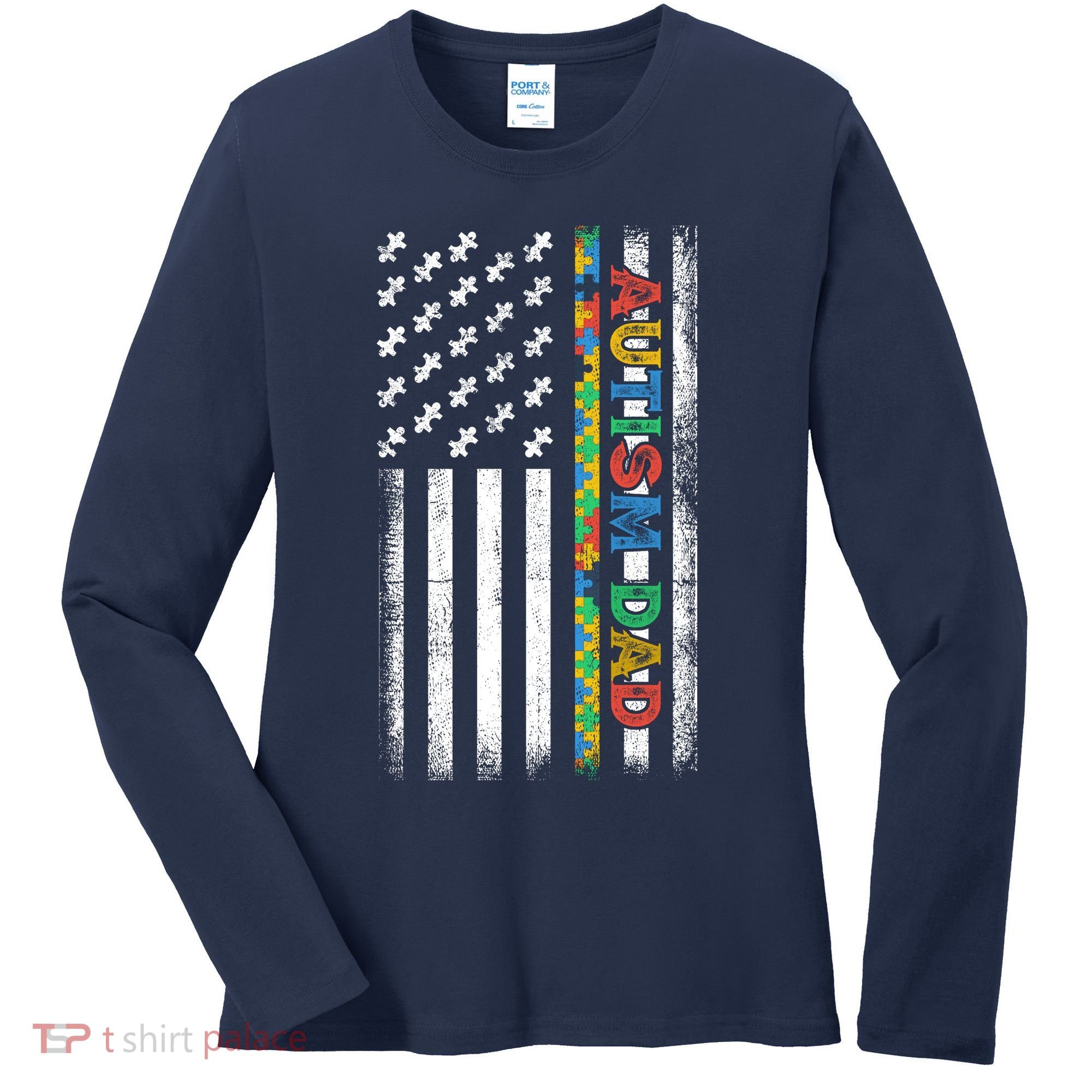 Autism Dad Awareness American Flag USA Women's Long Sleeve Shirt